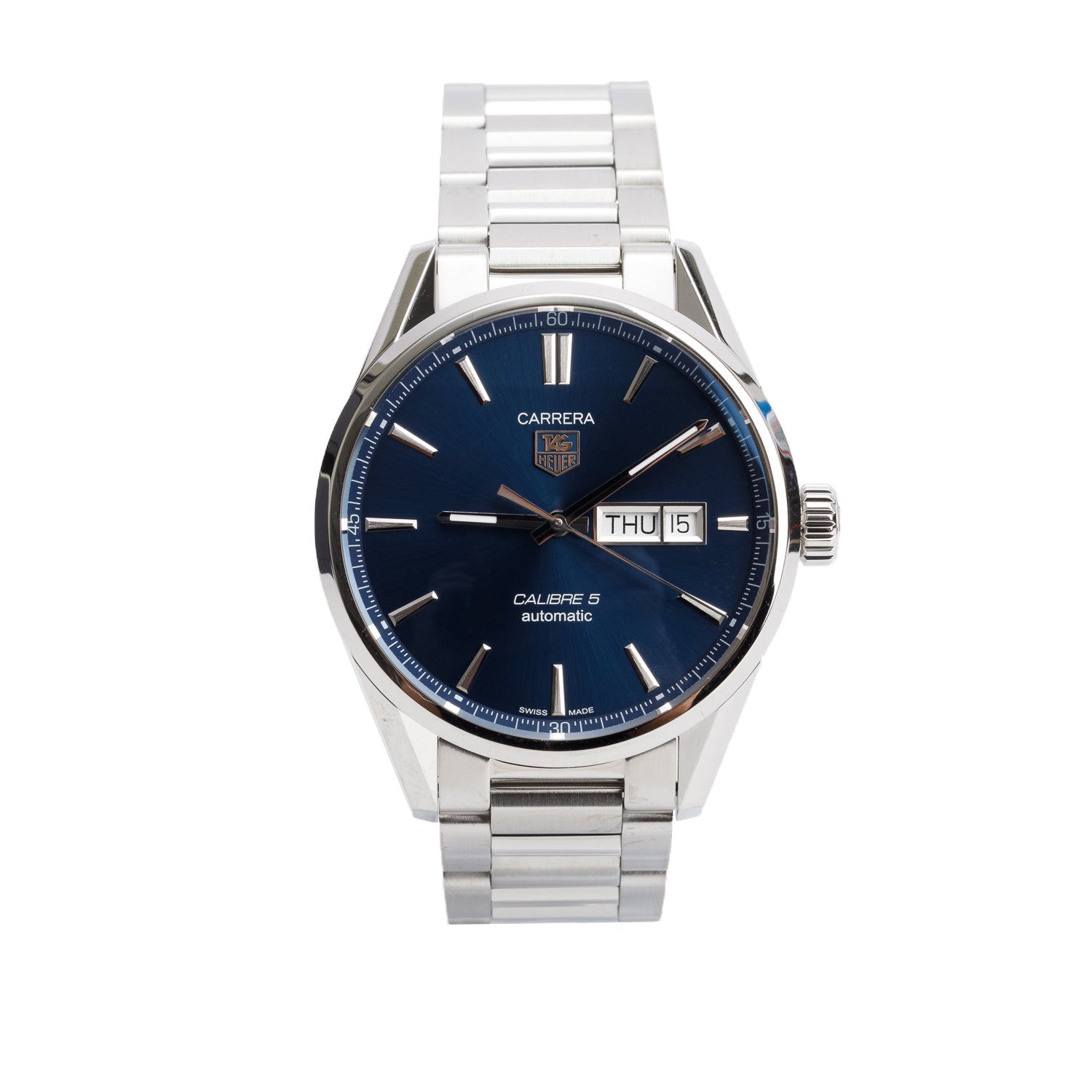 Tag Heuer Stainless Steel Blue Dial Carrera Day Date Calibre 5 41 MM Automatic Watch Blue Dial WAR201E w/ Box & Papers