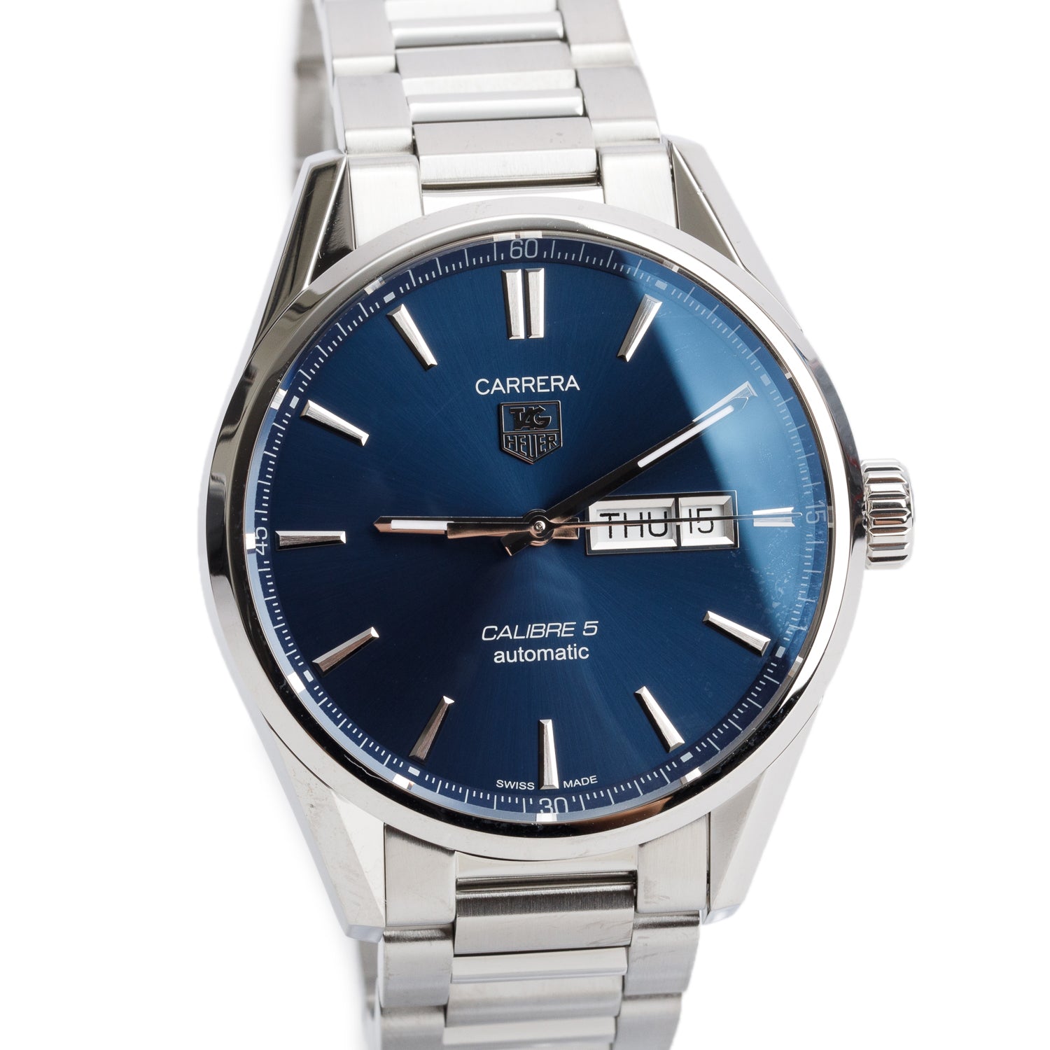 Tag Heuer Stainless Steel Blue Dial Carrera Day Date Calibre 5 41 MM Automatic Watch Blue Dial WAR201E w/ Box & Papers