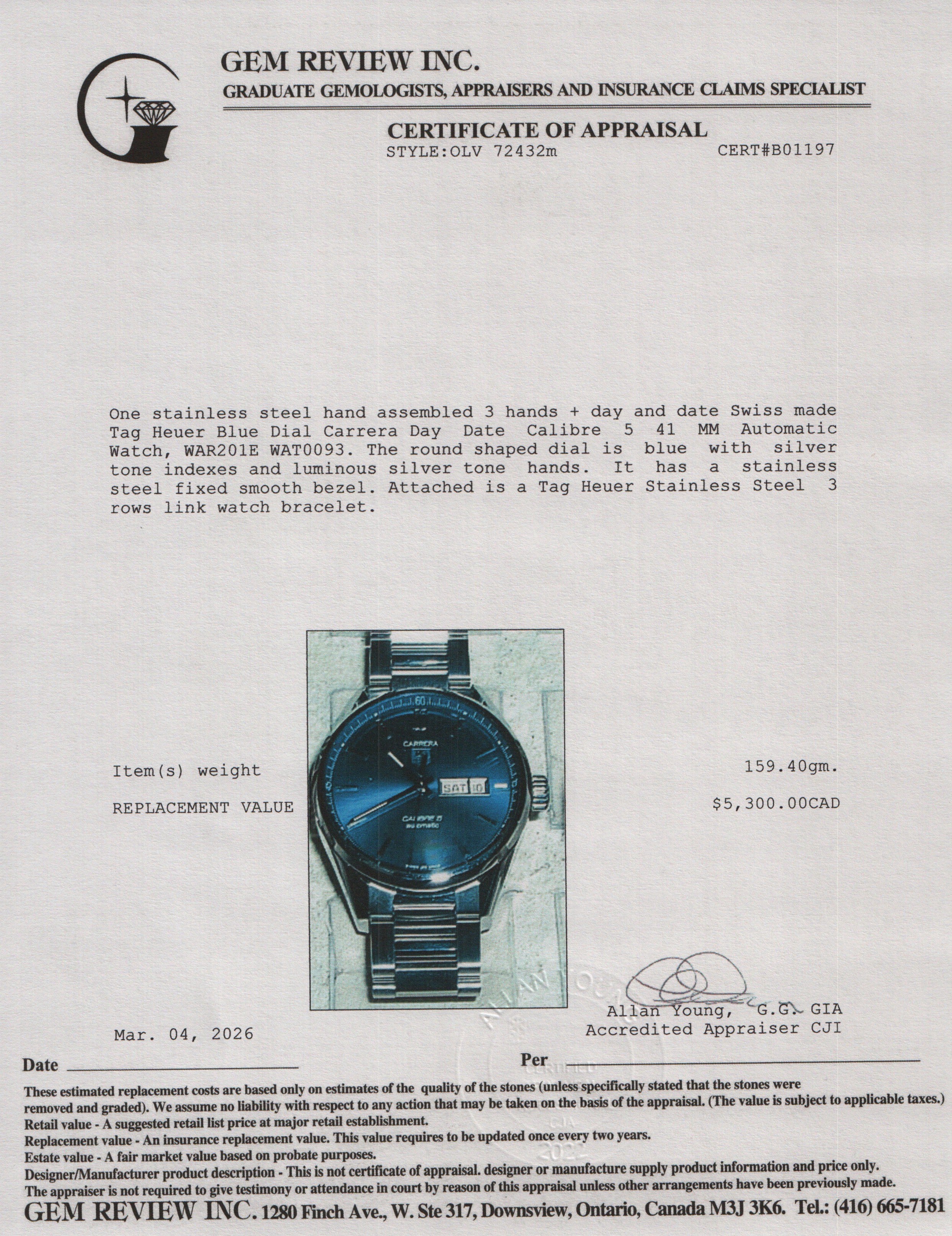 Tag Heuer Stainless Steel Blue Dial Carrera Day Date Calibre 5 41 MM Automatic Watch Blue Dial WAR201E w/ Box & Papers