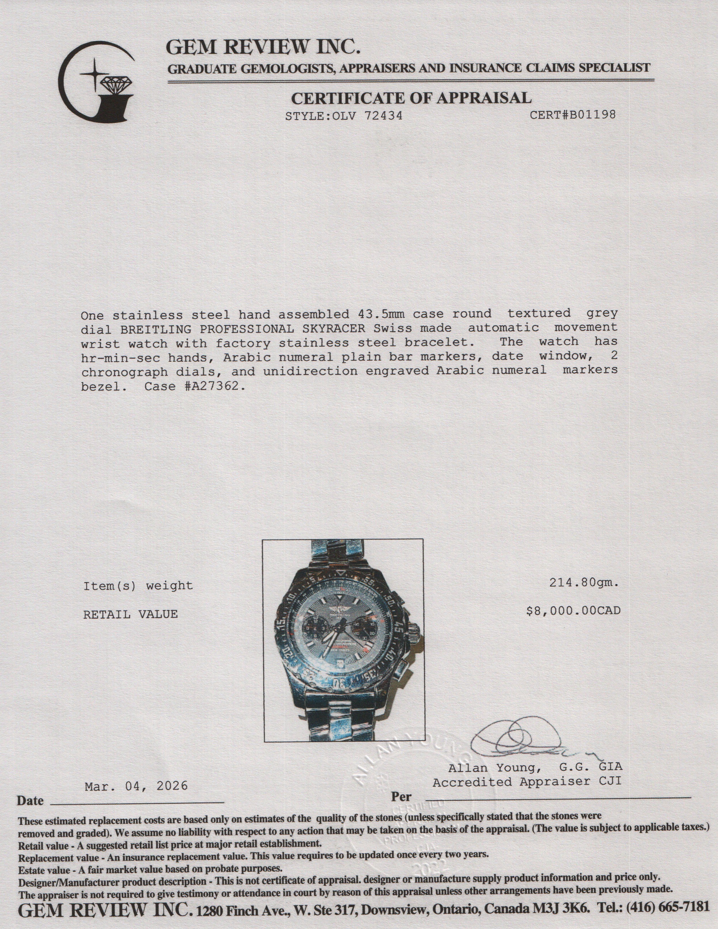 Breitling Stainless Steel Professional Skyracer 43.5 MM Chronograph Automatic Watch Grey Dial A27362 w/ Box & Papers
