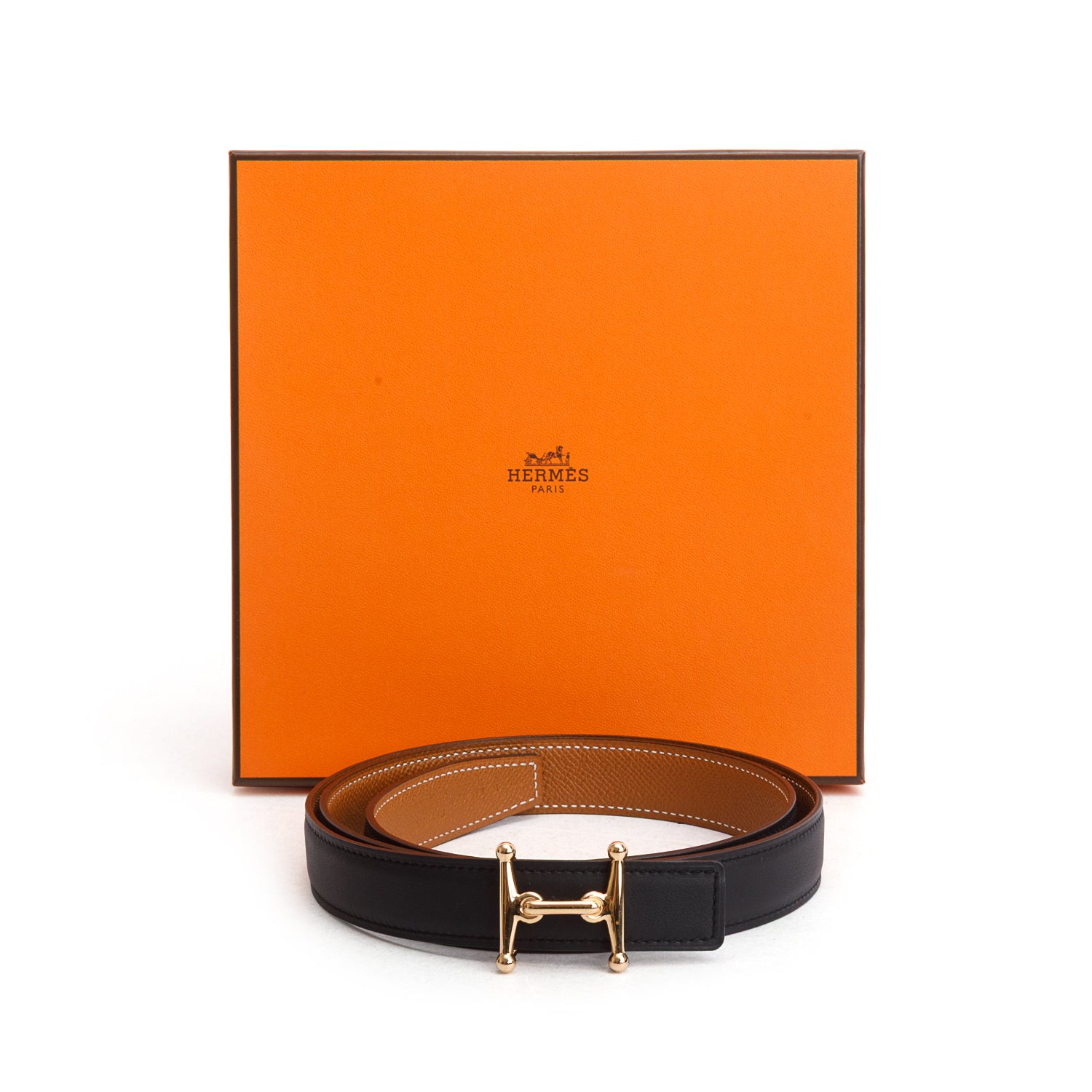 Hermes 2025 Noir/Gold Swift & Epsom Leather Reversible 24 MM Mors H Belt Kit w/ Box