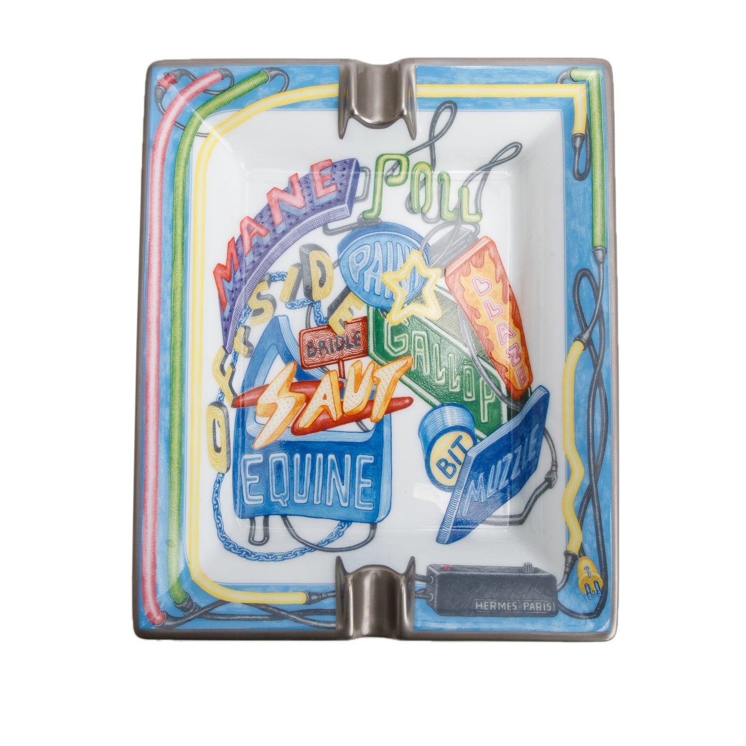 Hermes Lapis Lazuli/Citron 'Chevaloscope Neon' Porcelain Ashtray w/ Box