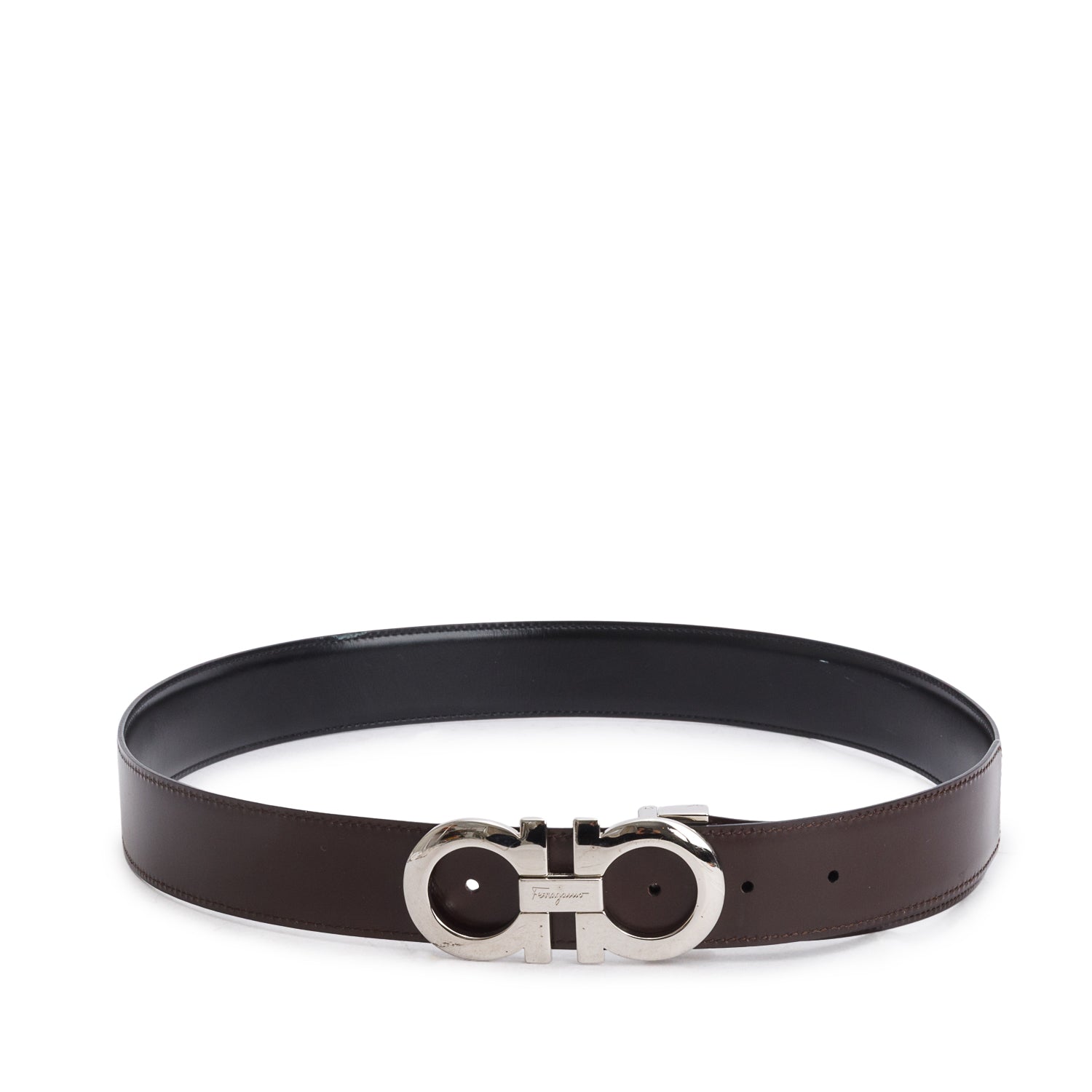 Ferragamo Burgundy Black Leather Reversible and Adjustable Gancini Belt
