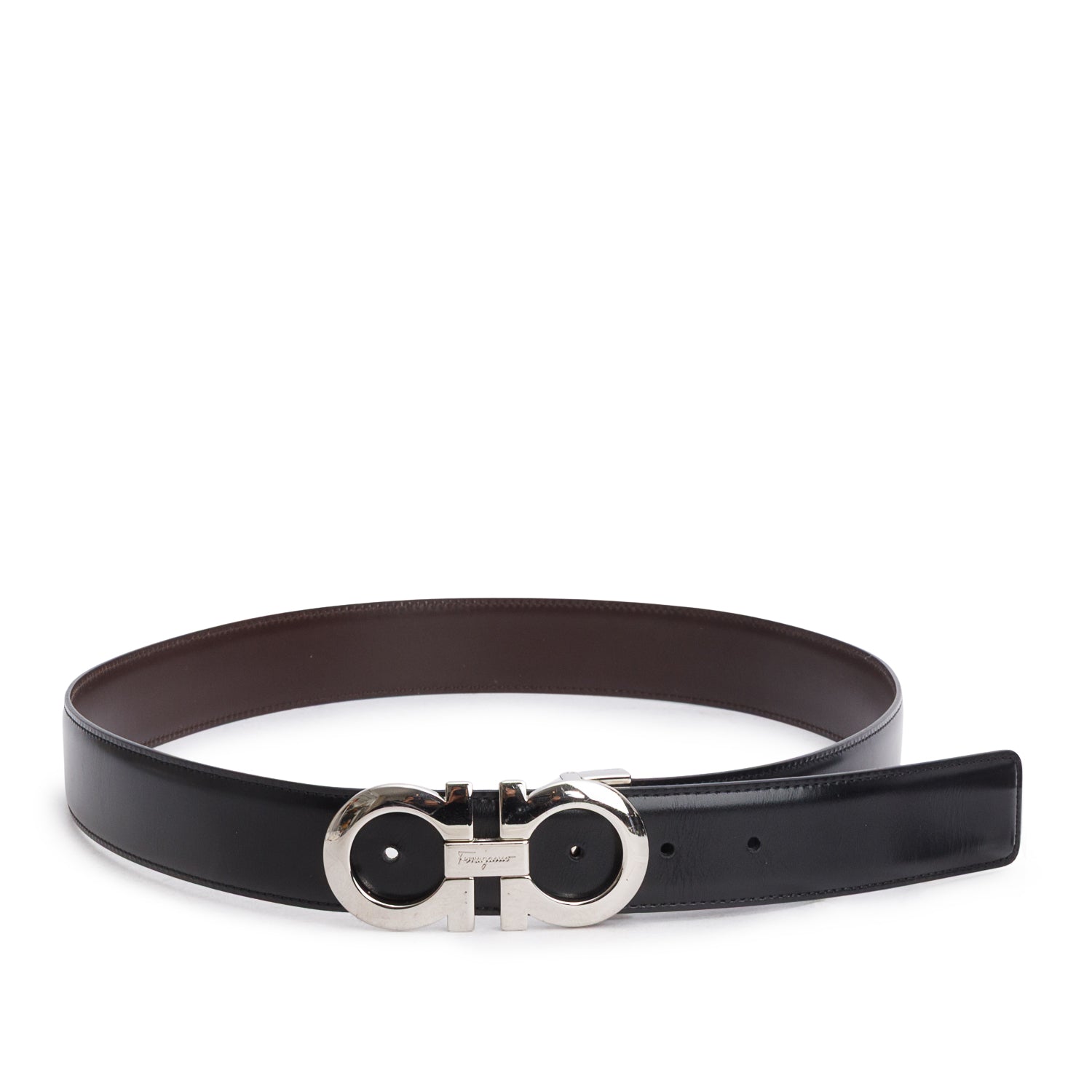 Ferragamo Burgundy Black Leather Reversible and Adjustable Gancini Belt