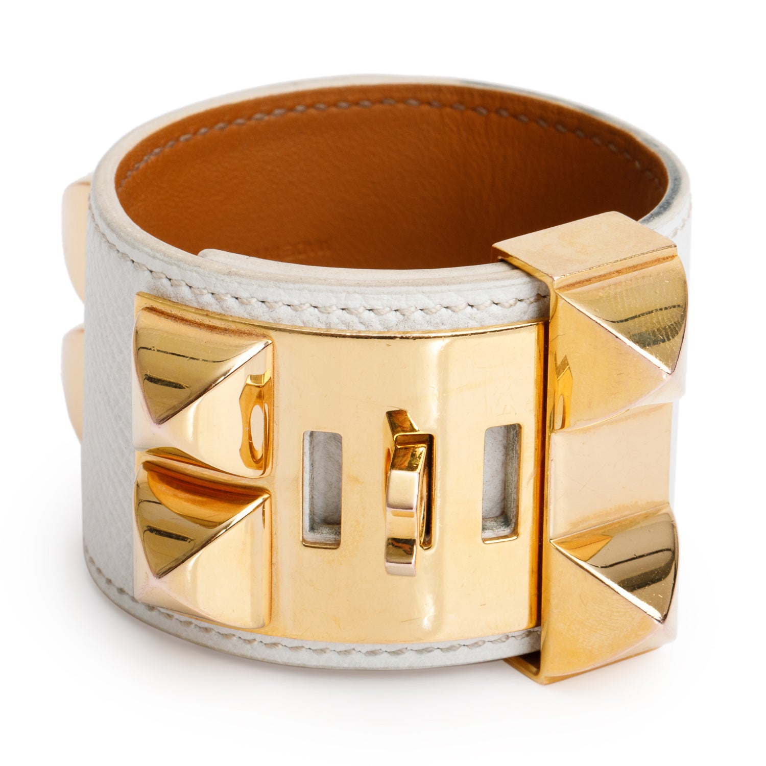 Hermes Gold-Plated White Calfskin Leather Collier de Chien Bracelet