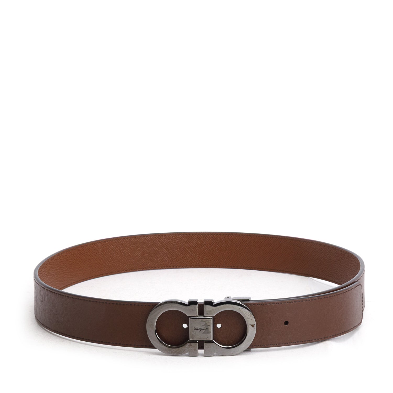 Ferragamo Brown Grained Calfskin Leather Reversible and Adjustable Gancini Belt