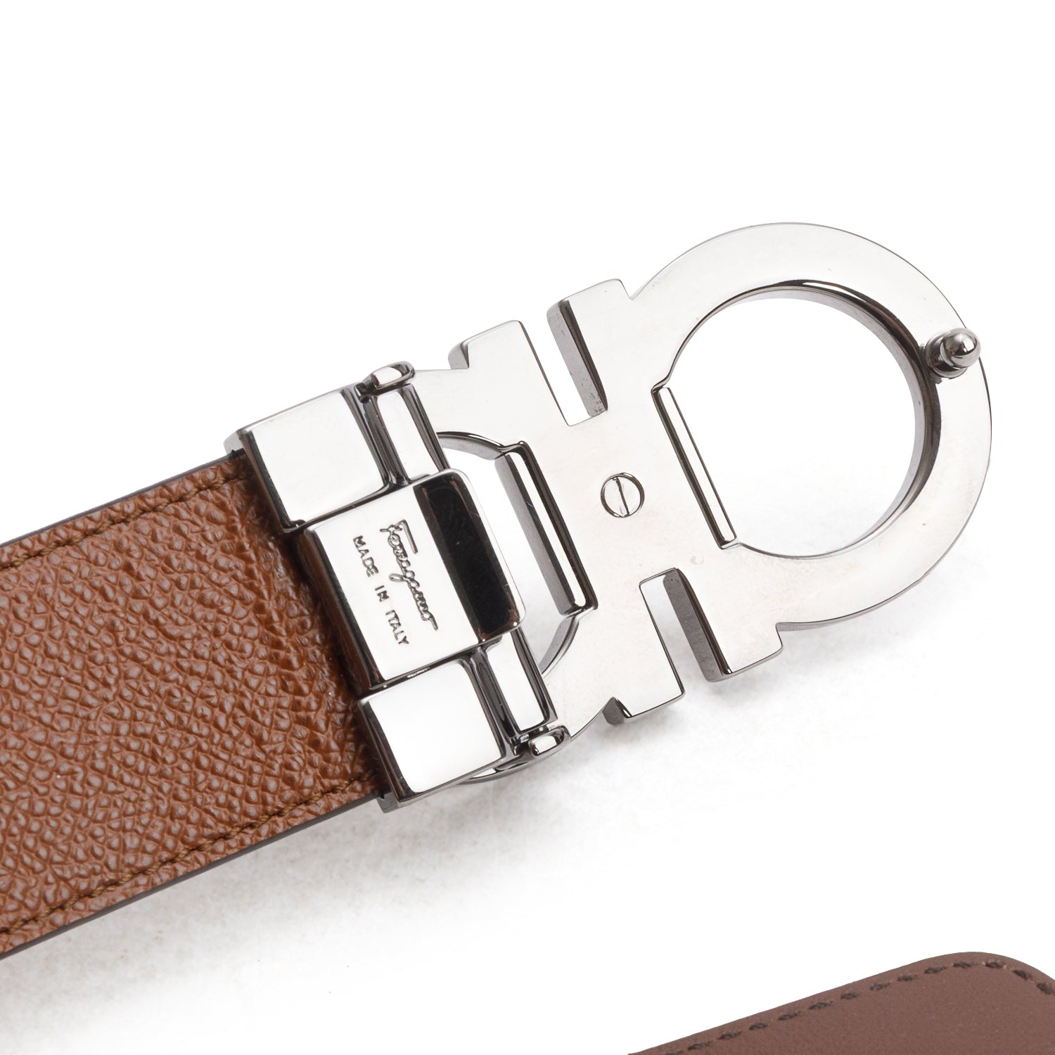 Ferragamo Brown Grained Calfskin Leather Reversible and Adjustable Gancini Belt
