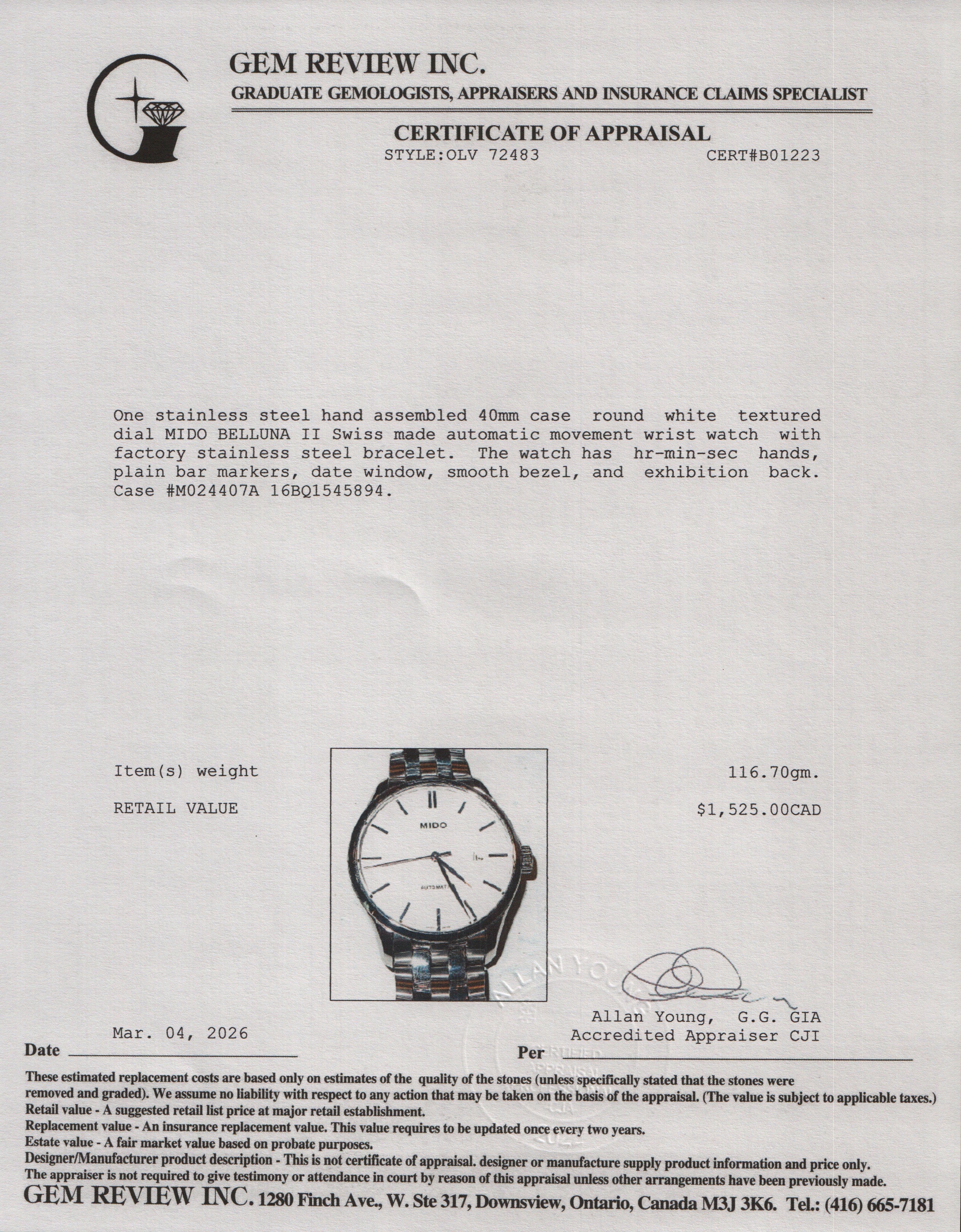 Mido Stainless Steel Belluna II 40 MM Automatic Watch White Dial