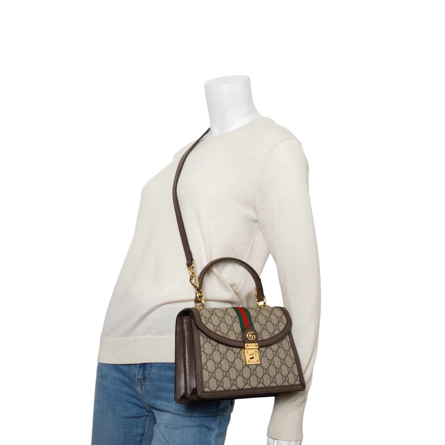 Gucci GG Supreme Monogram Web Medium Ophidia Top Handle Bag w/ Strap