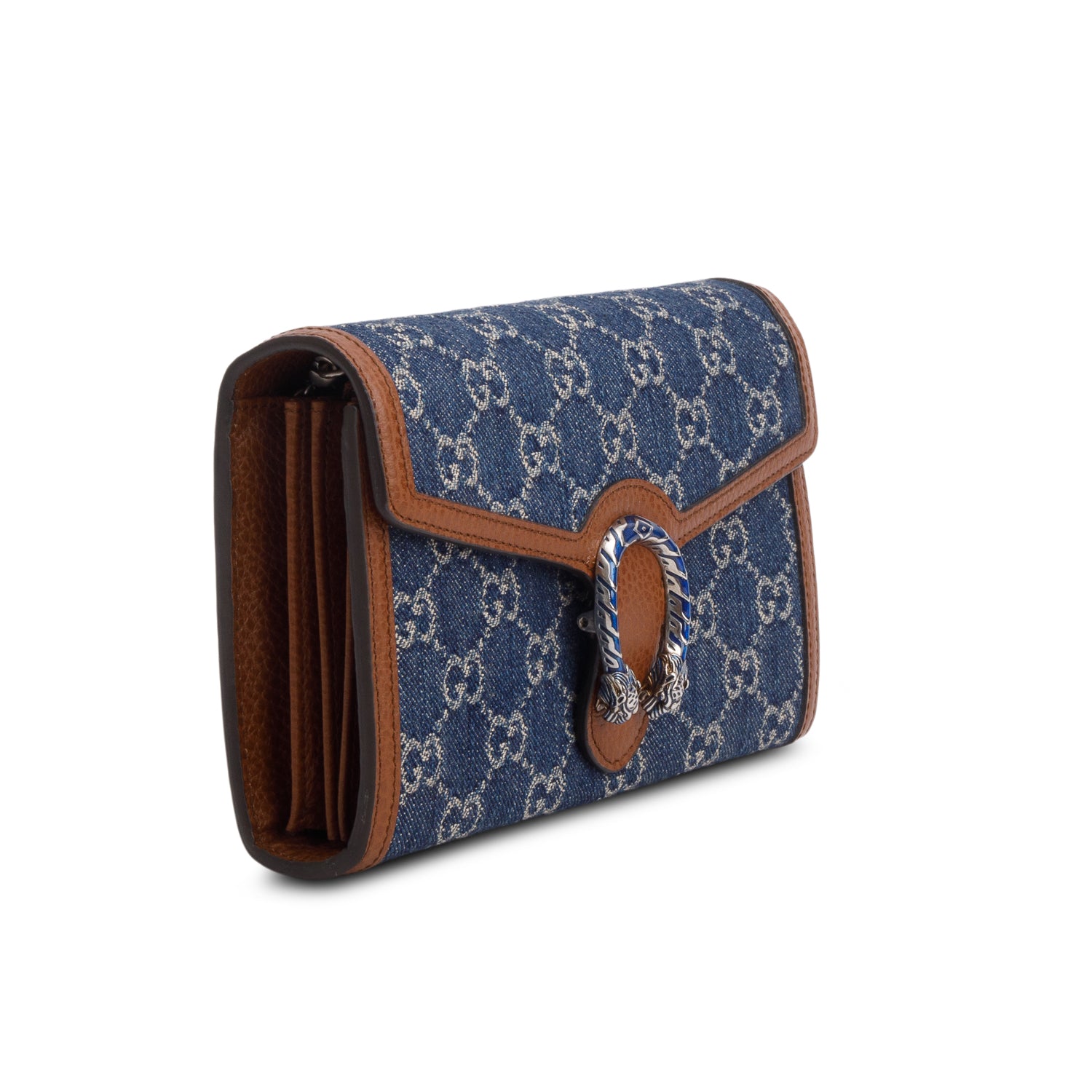 Gucci Blue Denim Jacquard GG Monogram Mini Dionysus Chain Wallet