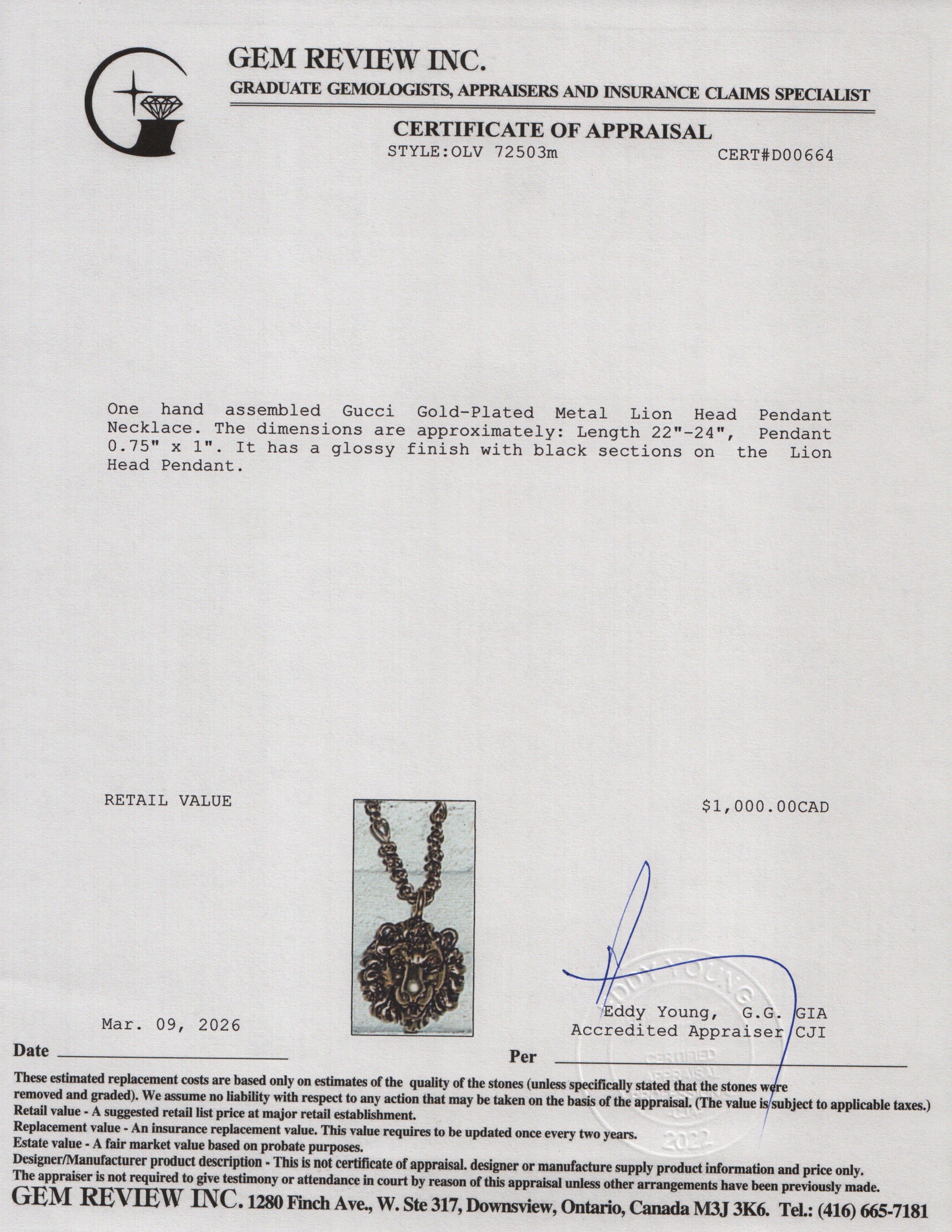 Gucci Gold-Plated Metal Lion Head Pendant Necklace