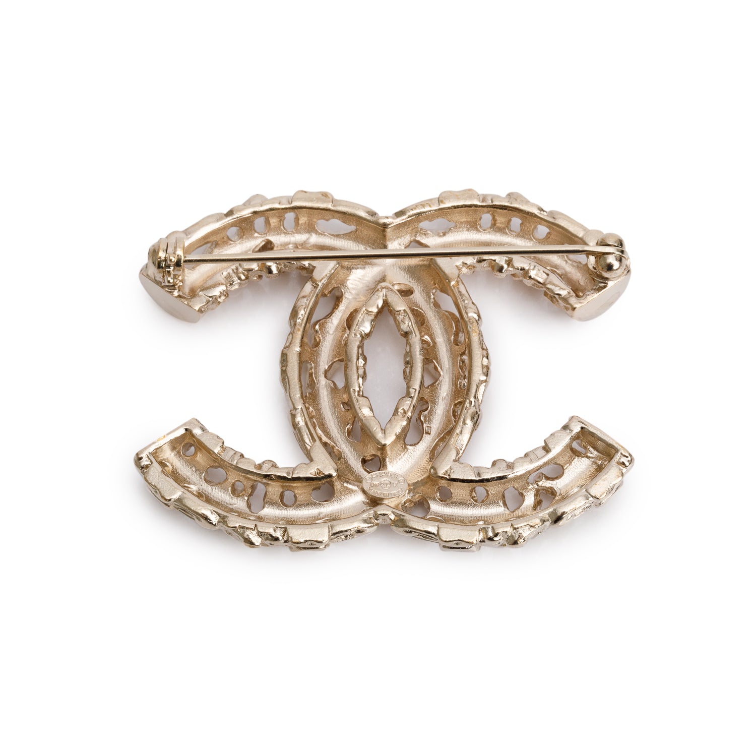 Chanel Gold Plated Strass Textured CC Brooch