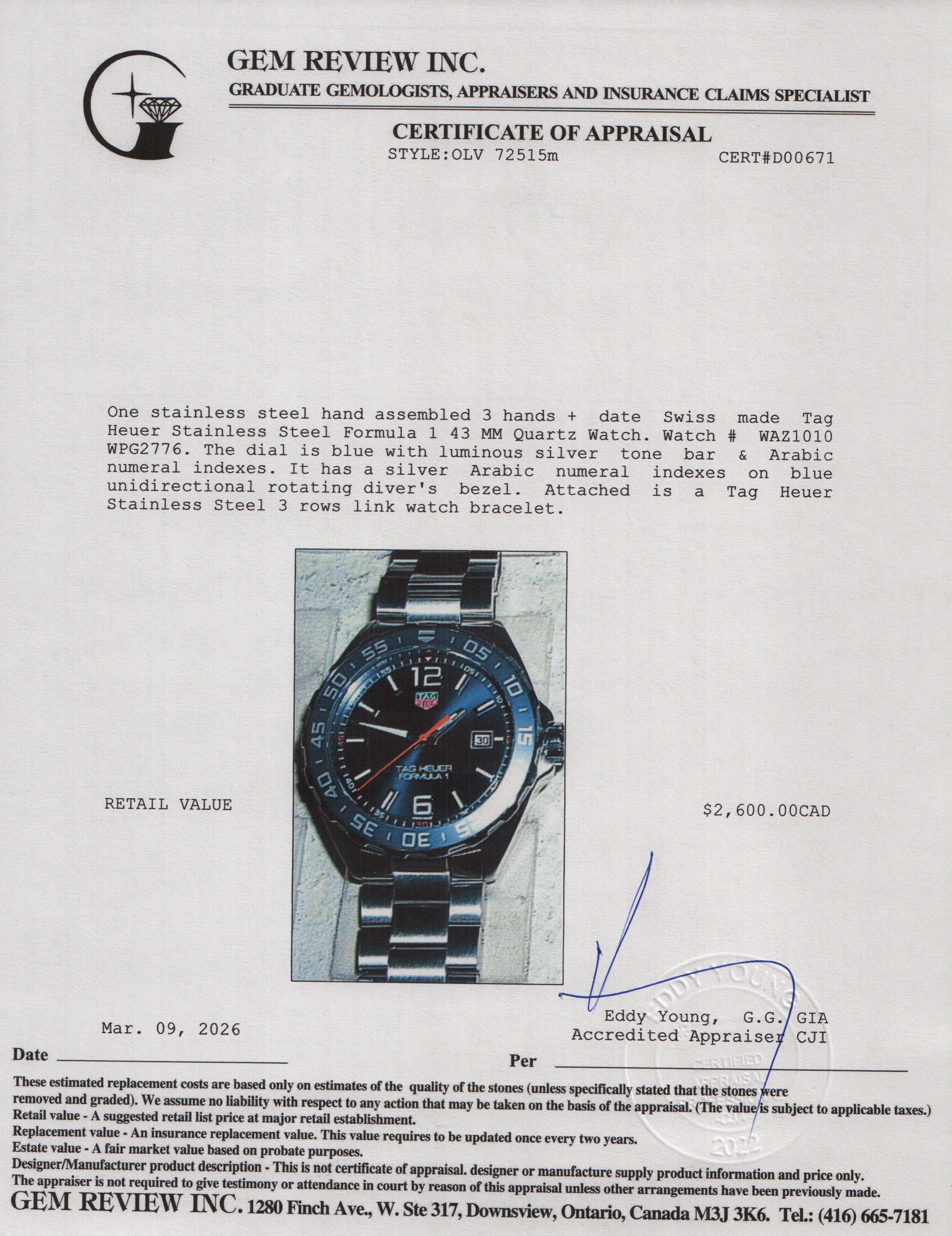 Tag Heuer Stainless Steel Formula 1 43 MM Quartz Watch Blue Dial WAZ1010 w/ Box