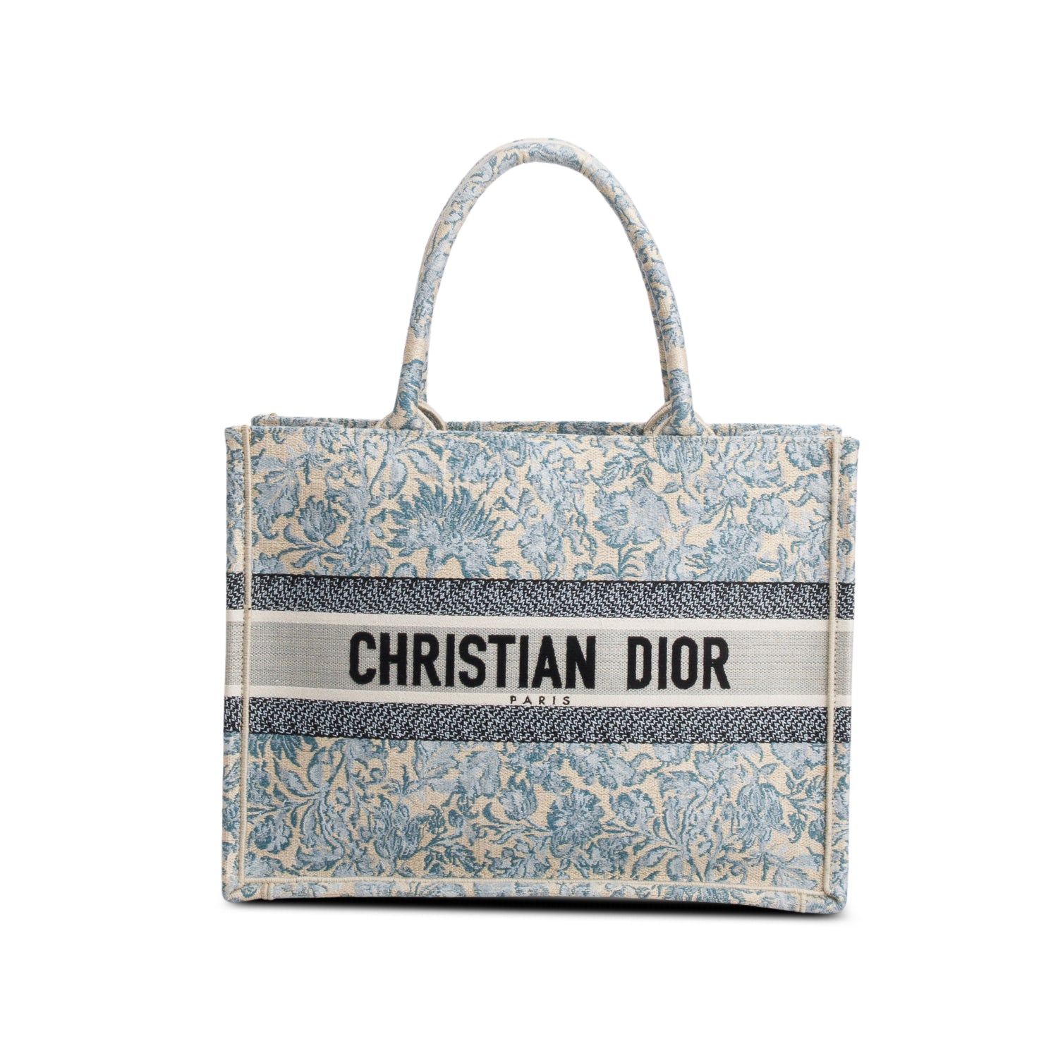 Christian Dior 2022 Blue Canvas Embroidered Medium Flowers Book Tote w/ Authenticity Card