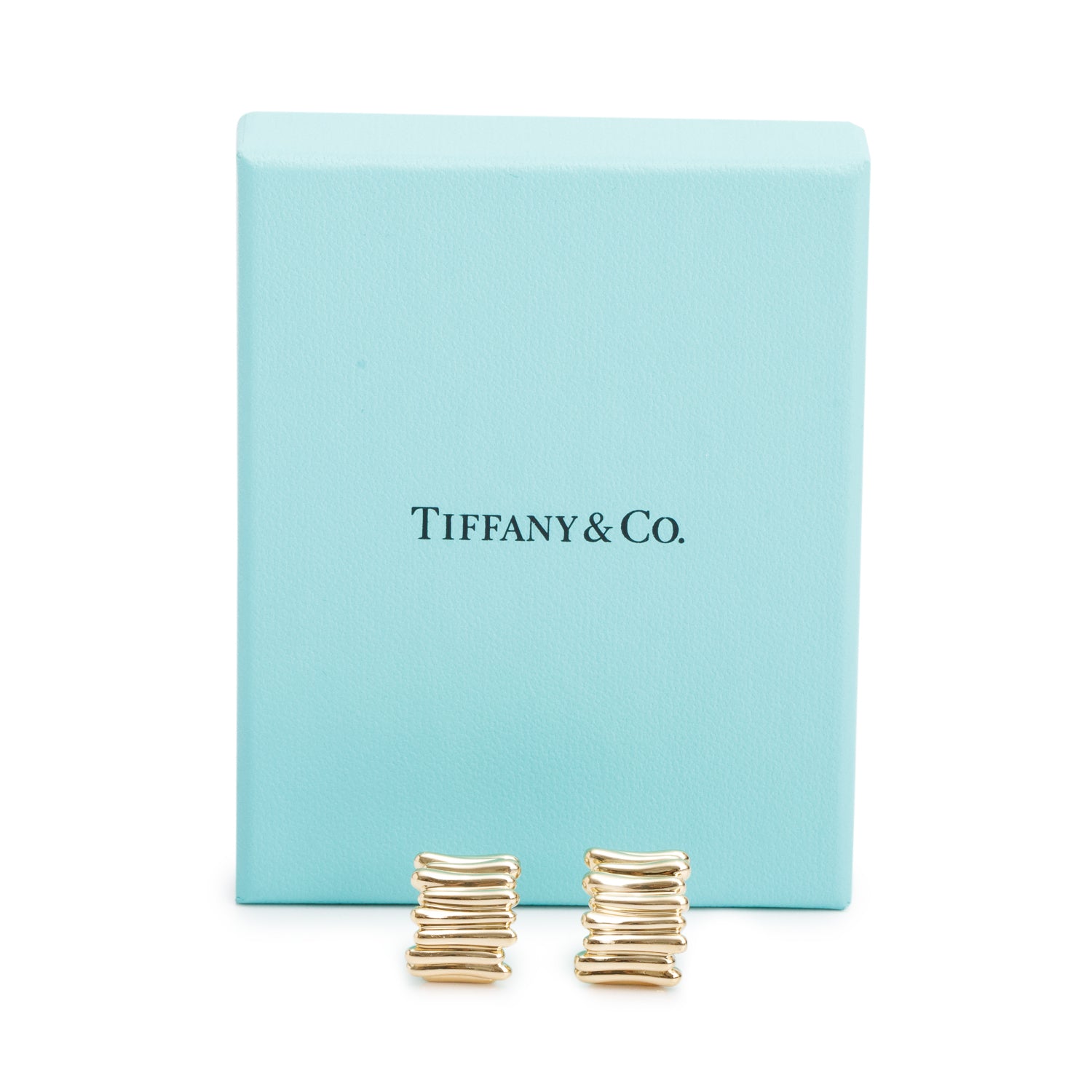 Tiffany & Co. Vintage 18k Yellow Gold Ribbed Huggie Earclip Earrings w/ Box