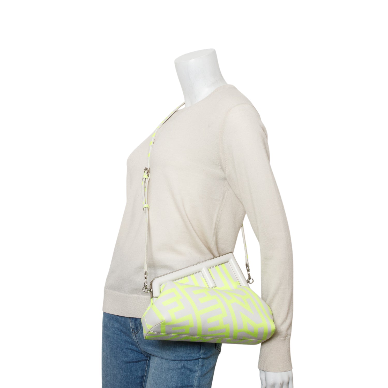 Fendi x Marc Jacobs 2023 Grey/Neon Green Vitello Logo Print Fendi First w/ Strap