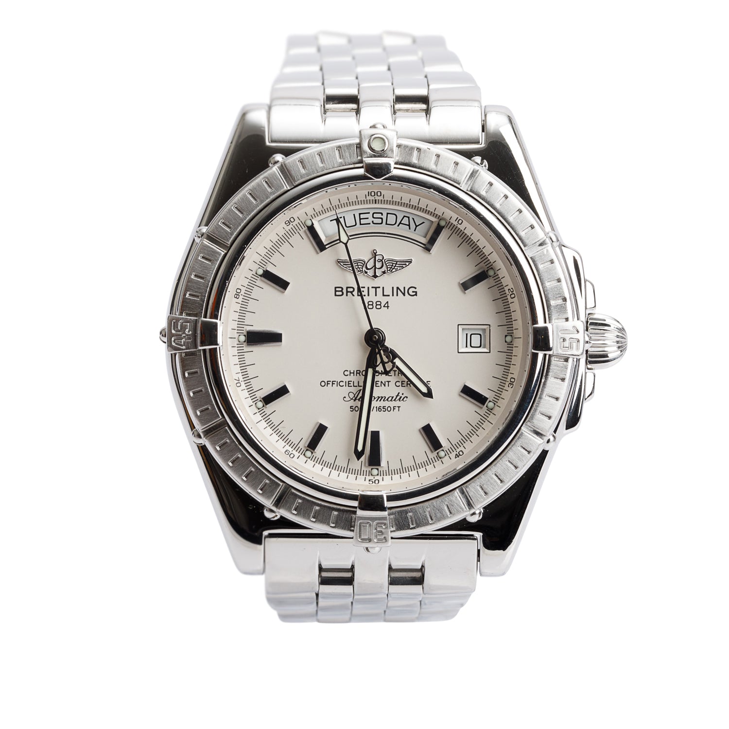 Breitling Stainless Steel Headwind Day-Date 42 MM Automatic Watch Silver Dial A45355