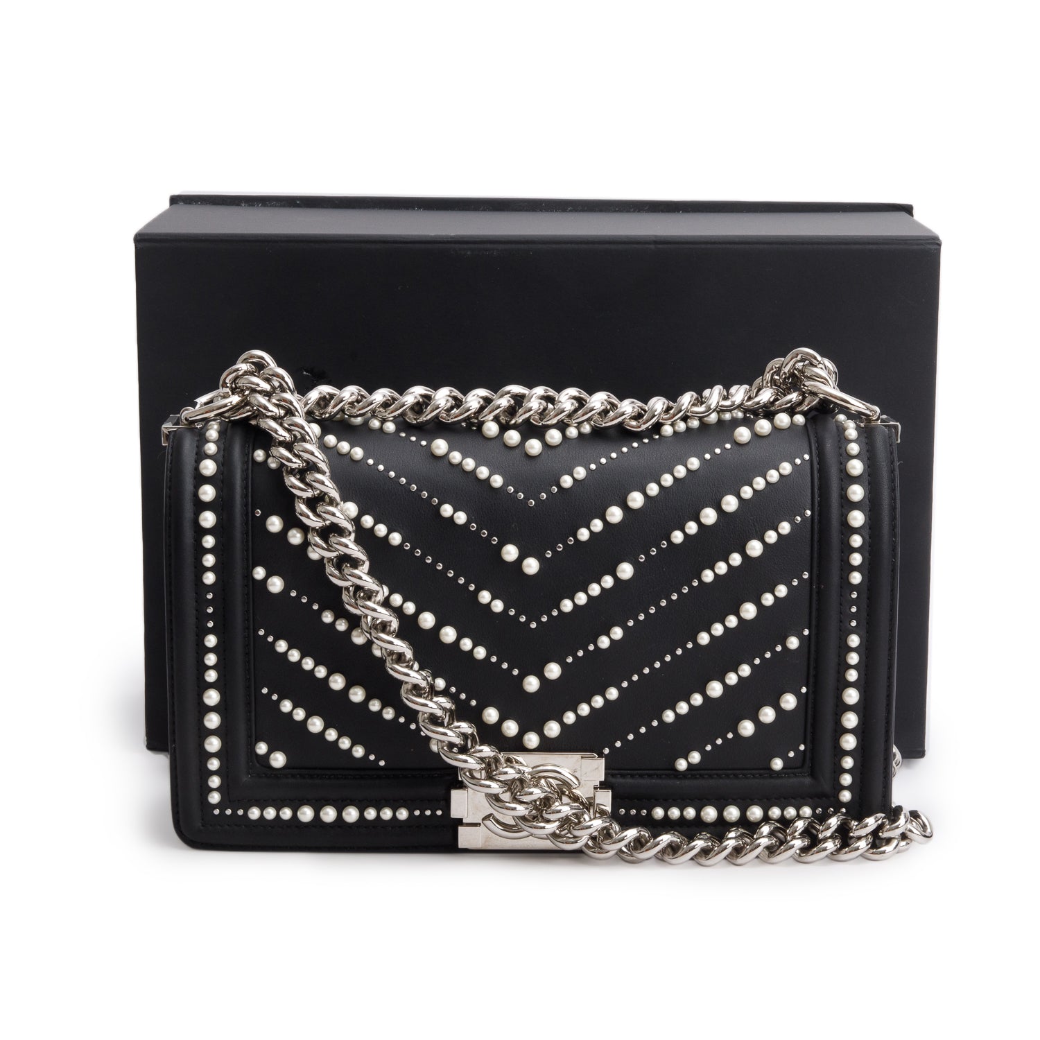 Chanel Black Calfskin Leather Medium Chevron Pearl Boy Bag w/ Box & Authenticity Card
