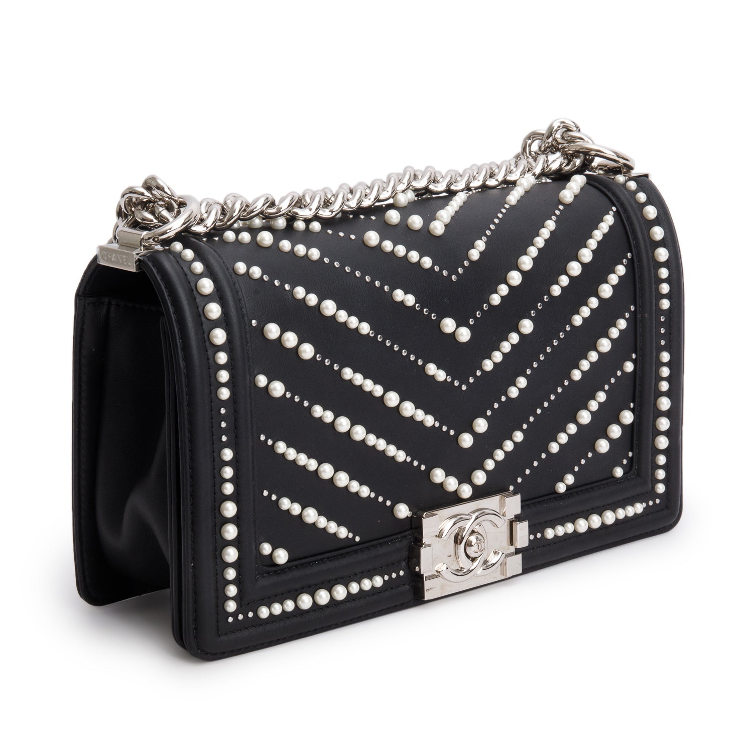 Chanel Black Calfskin Leather Medium Chevron Pearl Boy Bag w/ Box & Authenticity Card