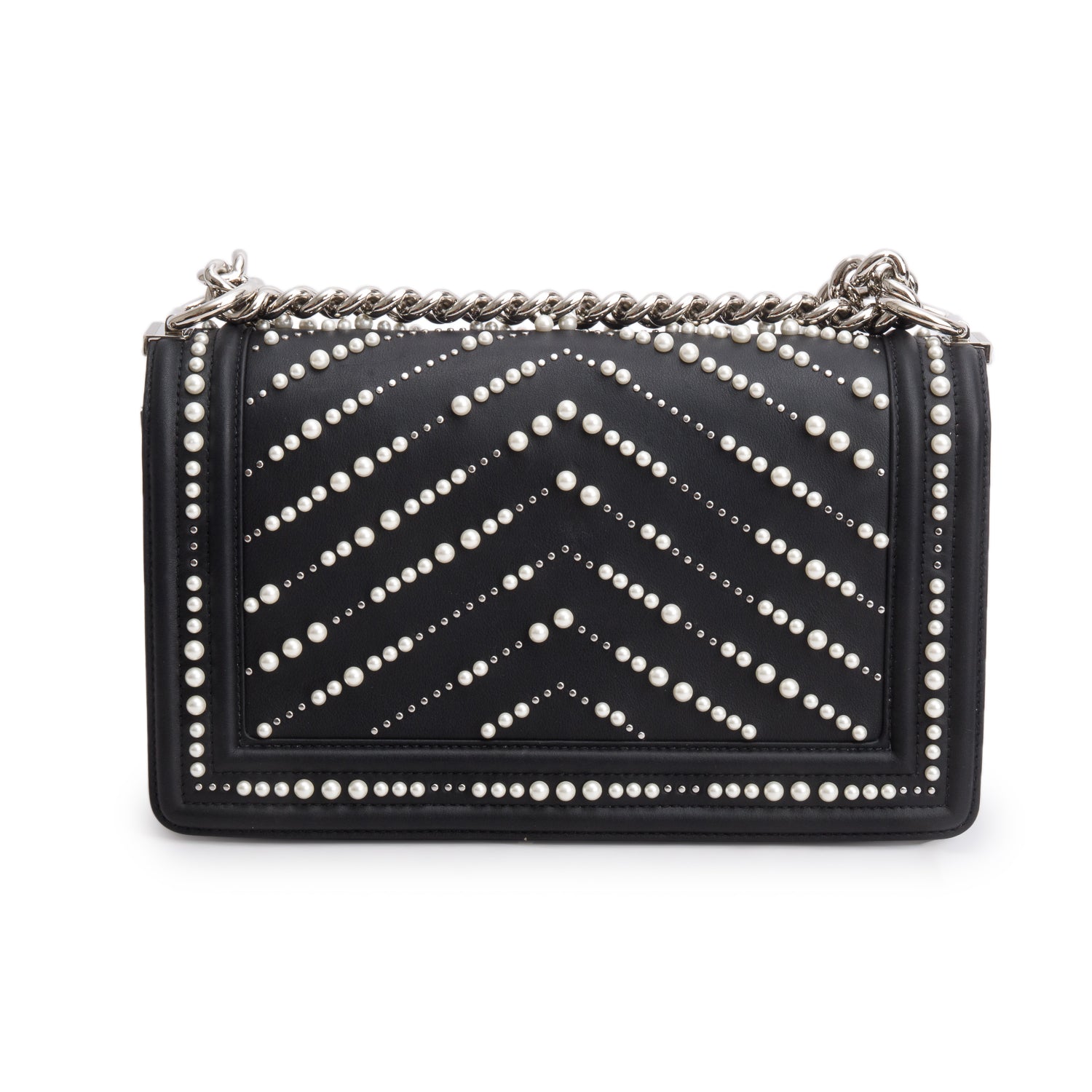 Chanel Black Calfskin Leather Medium Chevron Pearl Boy Bag w/ Box & Authenticity Card