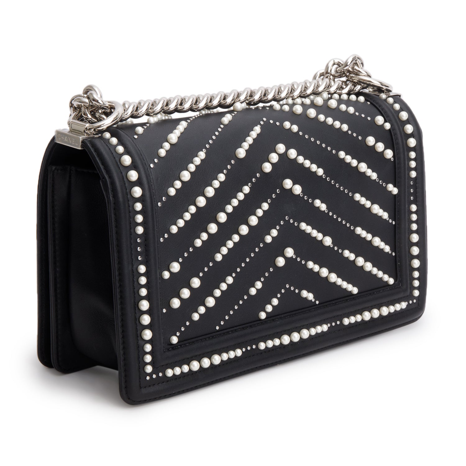Chanel Black Calfskin Leather Medium Chevron Pearl Boy Bag w/ Box & Authenticity Card