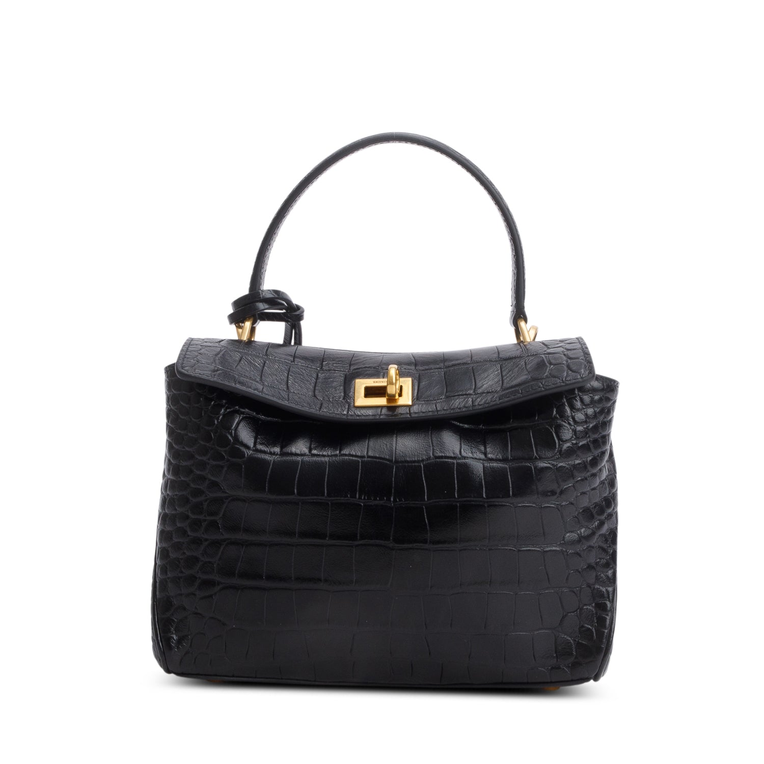 Balenciaga Black Shiny Calfskin Croc Embossed Mini Rodeo Top Handle Bag w/ Strap