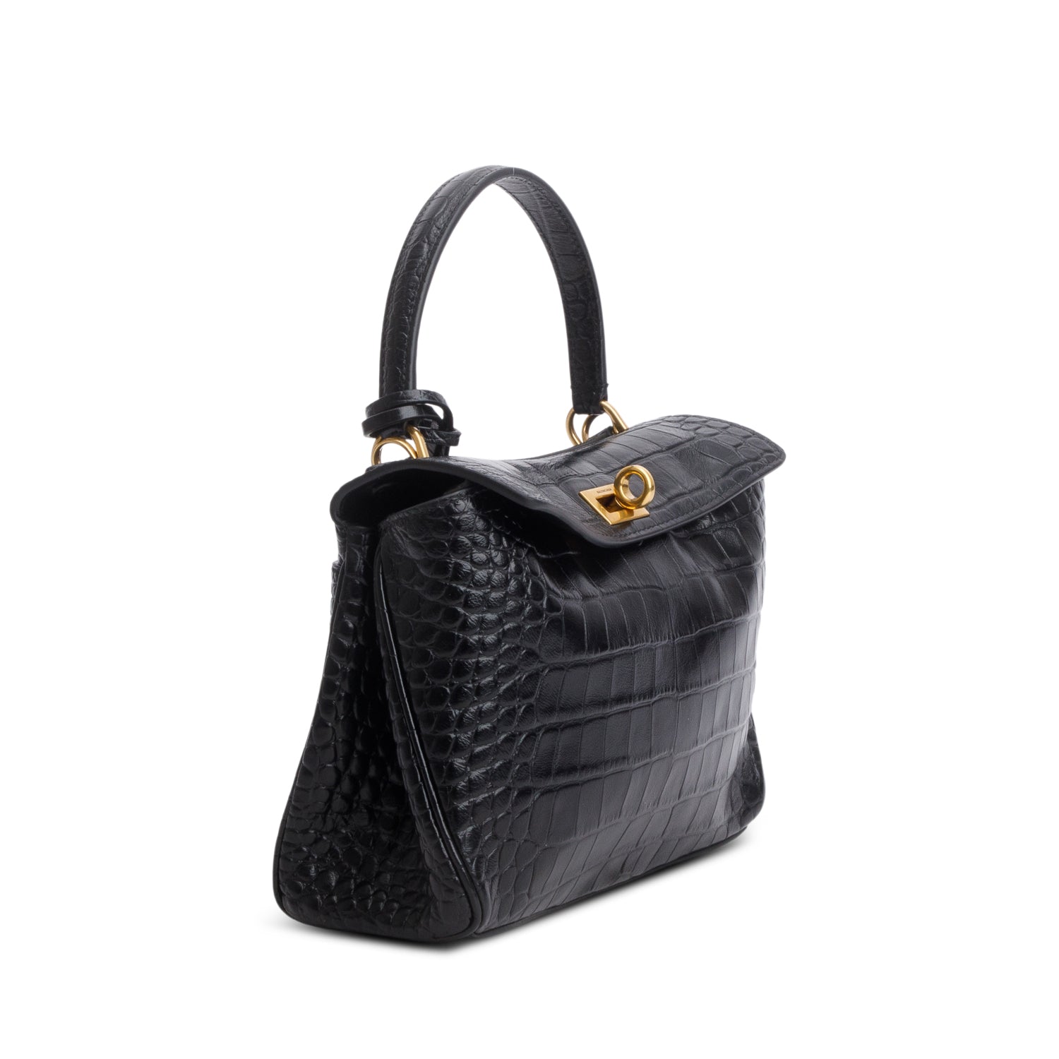 Balenciaga Black Shiny Calfskin Croc Embossed Mini Rodeo Top Handle Bag w/ Strap