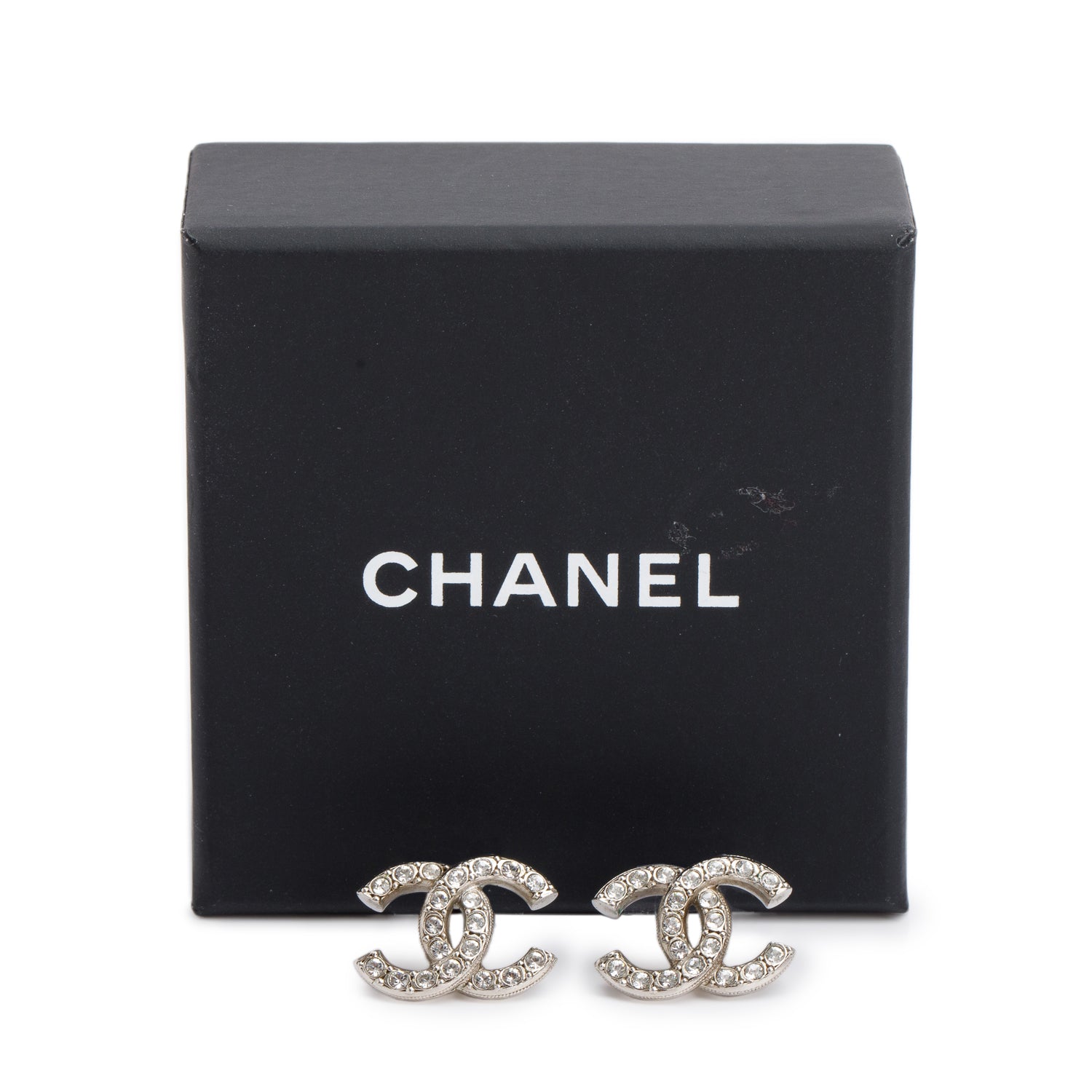 Chanel 2021 Palladium Plated Strass CC Stud Earrings w/ Box