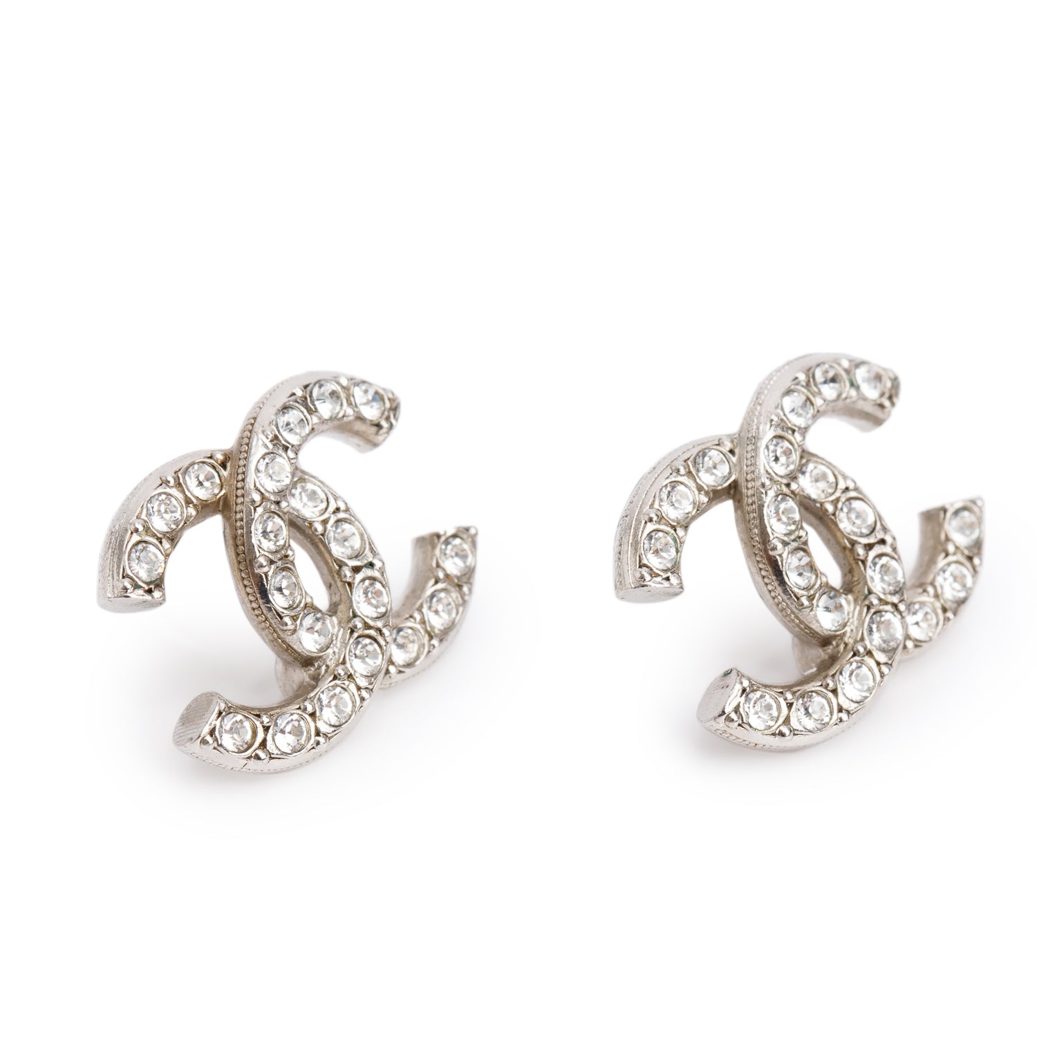 Chanel 2021 Palladium Plated Strass CC Stud Earrings w/ Box