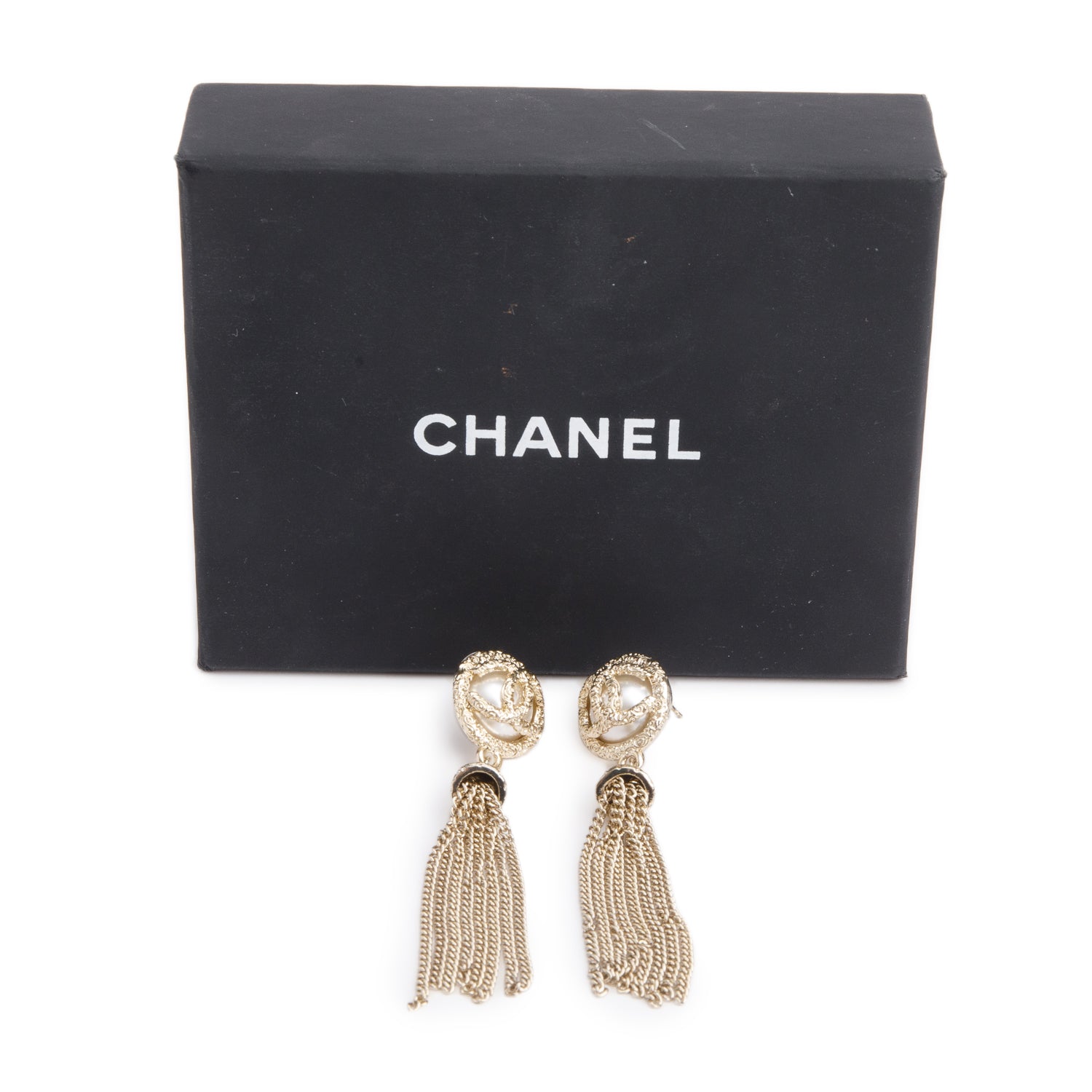 Chanel Gold Plated Faux Pearl CC Tassel Drop Earrings w/ Box