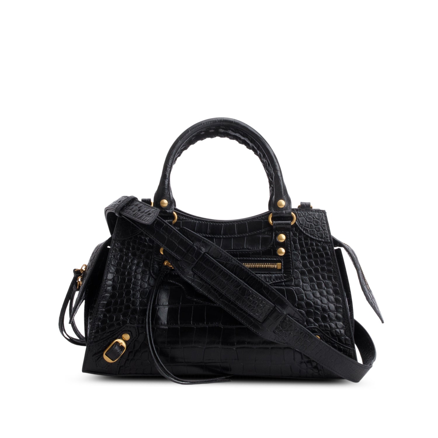 Balenciaga Black Shiny Calfskin Croc Embossed Neo Classic S City w/ Strap
