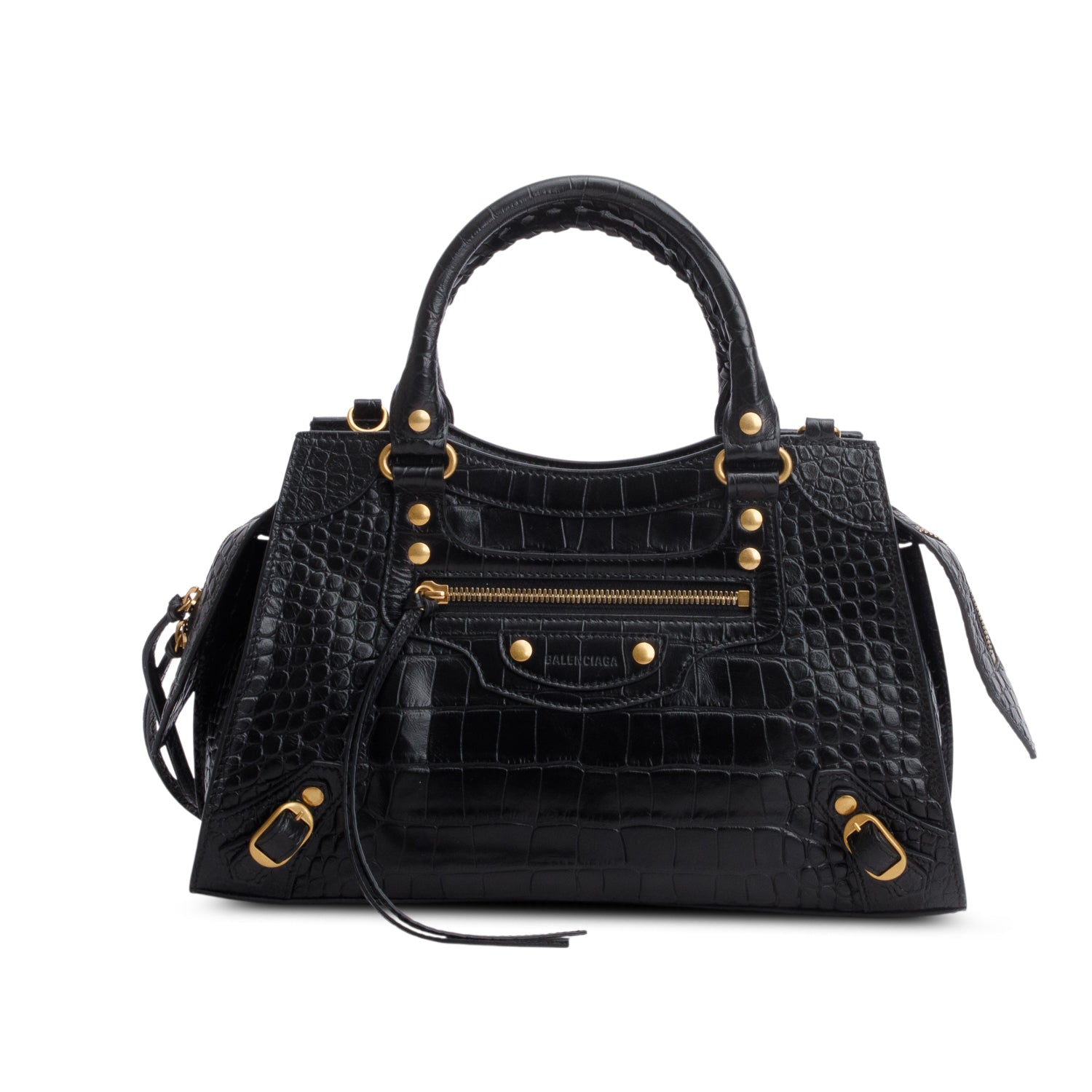 Balenciaga Black Shiny Calfskin Croc Embossed Neo Classic S City w/ Strap