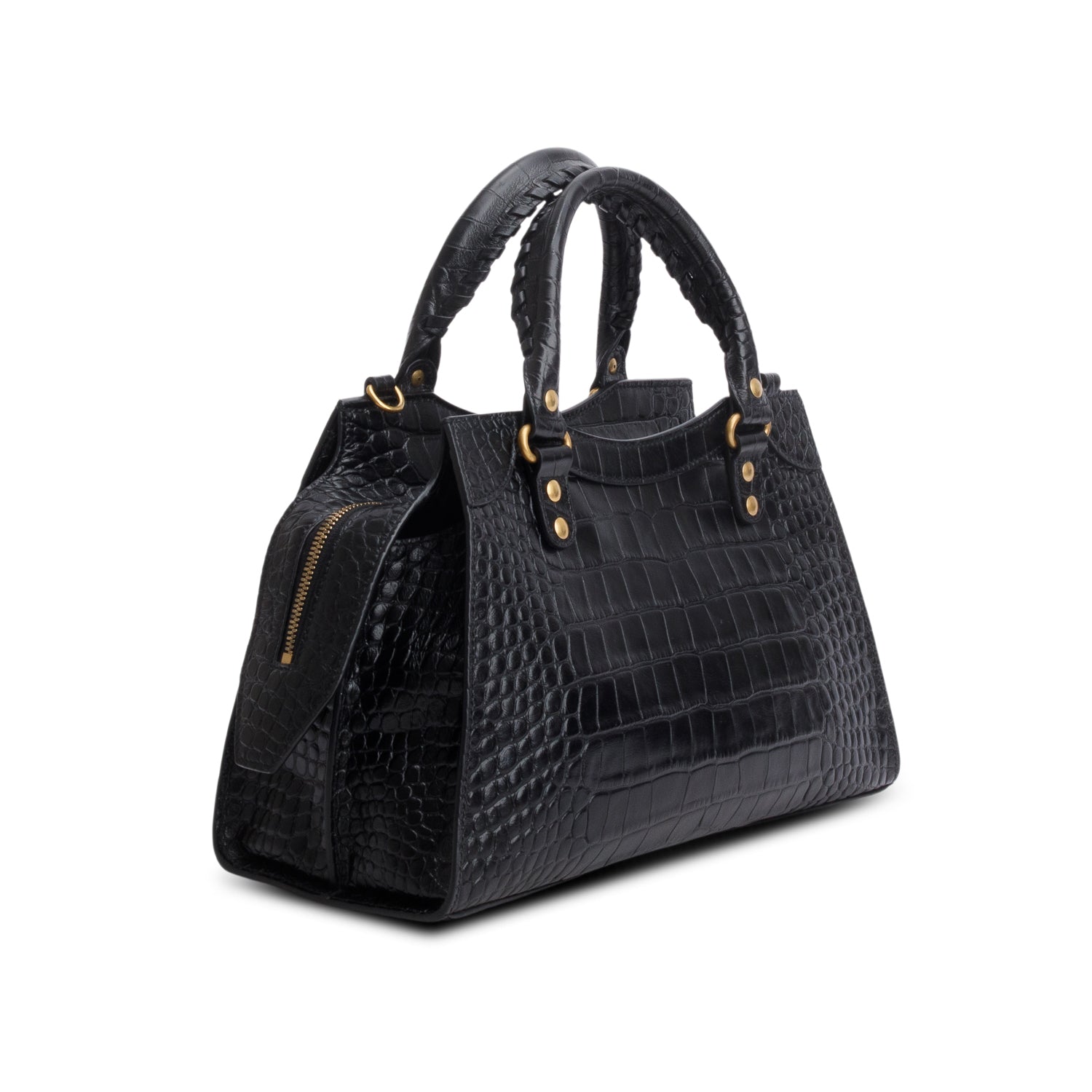 Balenciaga Black Shiny Calfskin Croc Embossed Neo Classic S City w/ Strap