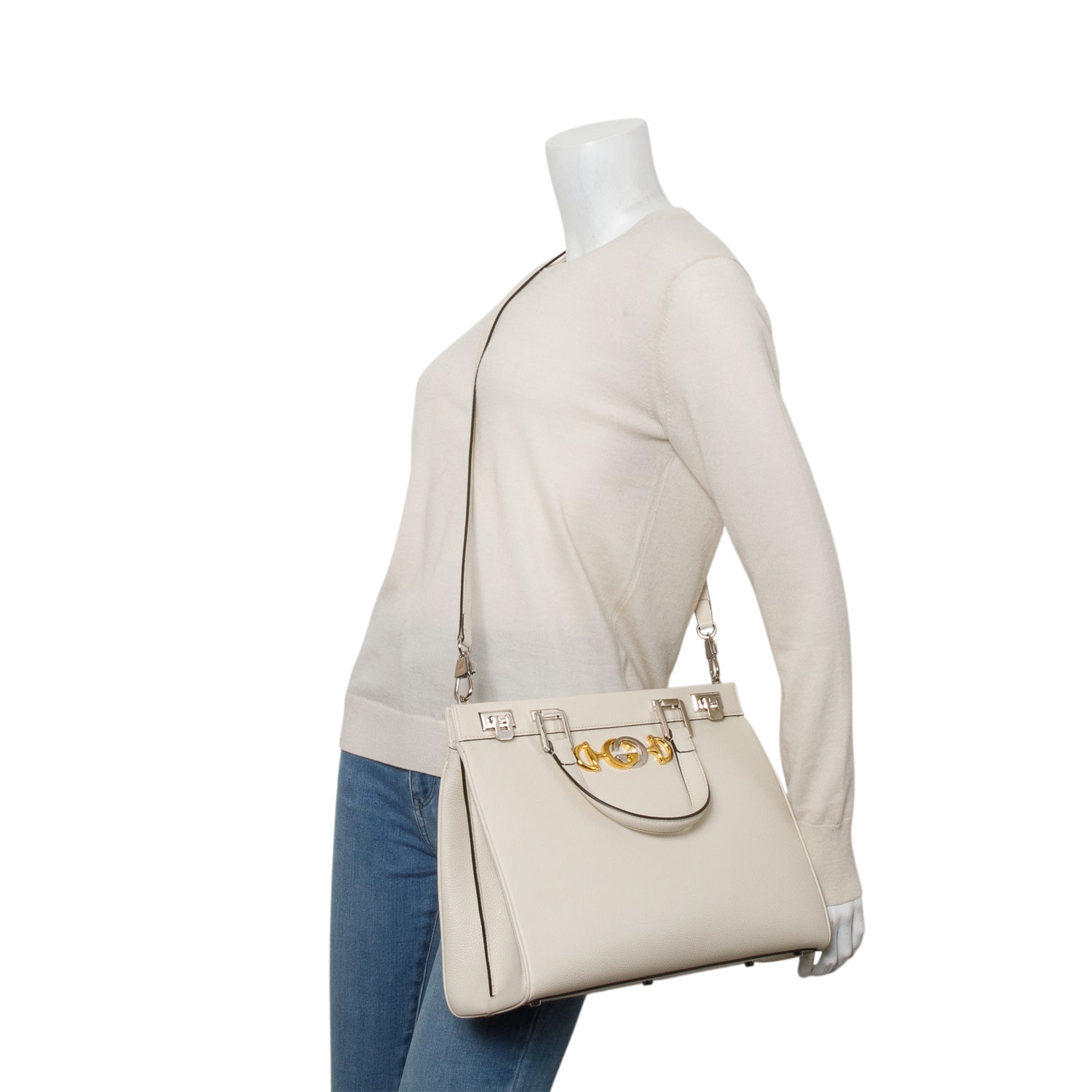 Gucci Cream Grainy Calfskin Medium Zumi Top Handle w/ Strap