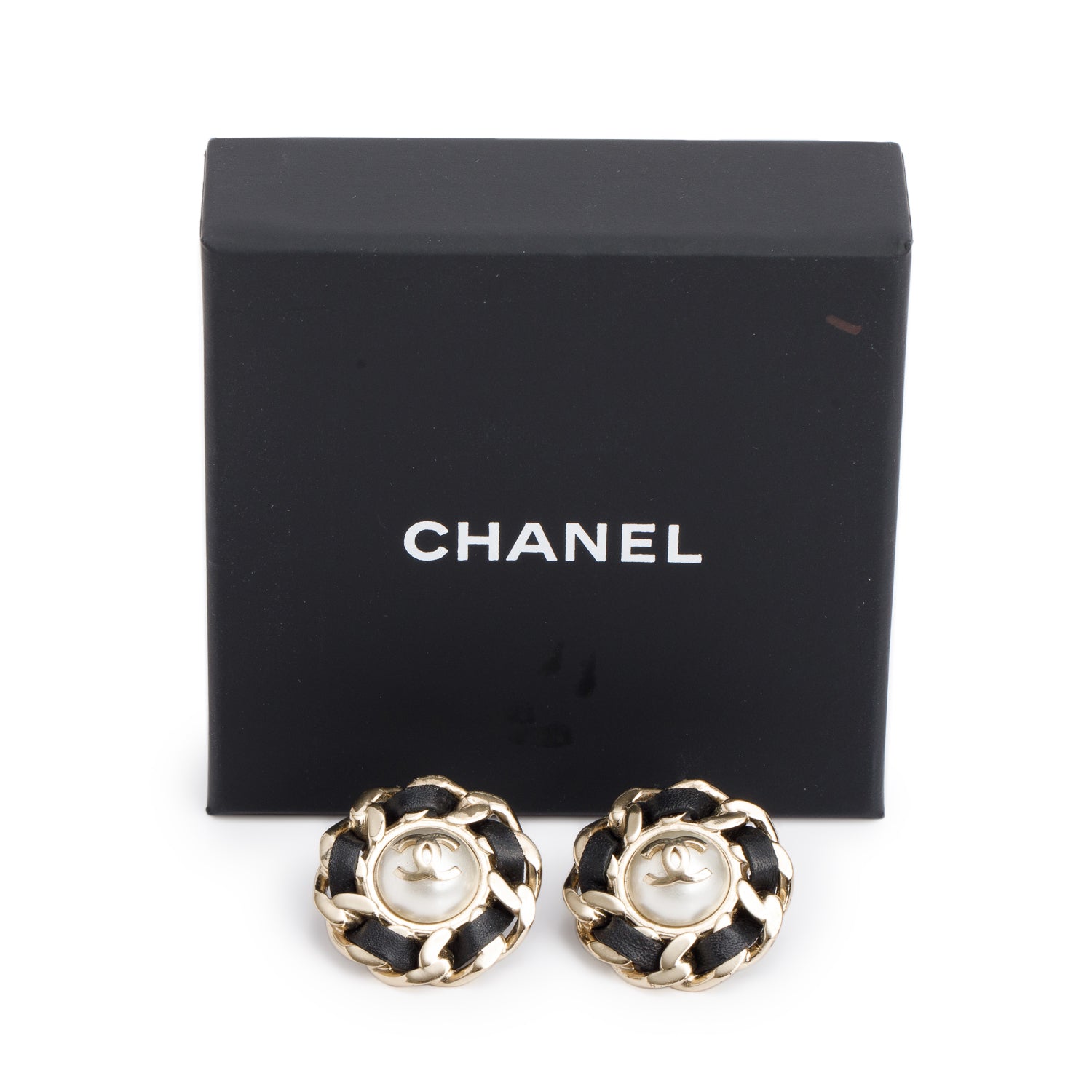 Chanel Gold-Plated Chain-Link & Black Leather Faux Pearl CC Earrings w/ Box