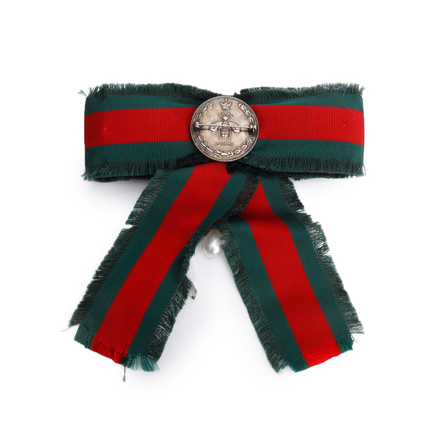 Gucci Red/Green Ribbon Web Crystal Bow Brooch w/ Box
