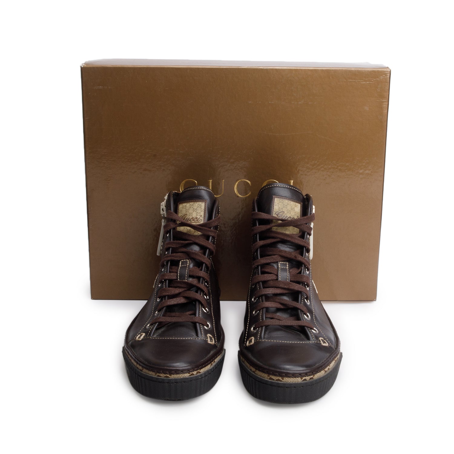 Gucci Brown Calfskin GG Monogram High Top Sneakers, Men's Size 5 w/ Box