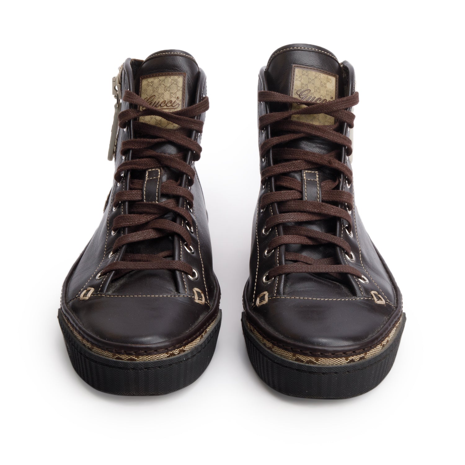 Gucci Brown Calfskin GG Monogram High Top Sneakers, Men's Size 5 w/ Box