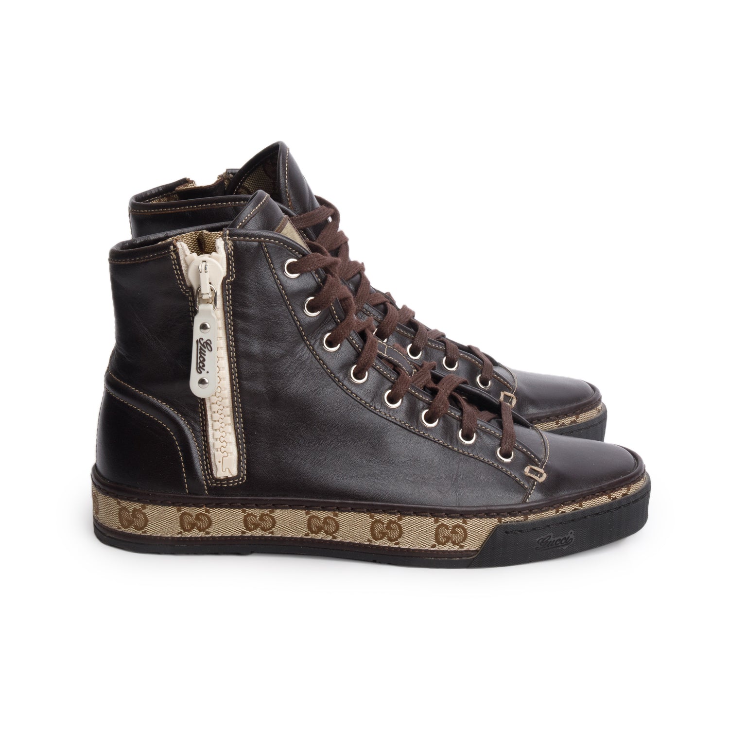 Gucci Brown Calfskin GG Monogram High Top Sneakers, Men's Size 5 w/ Box