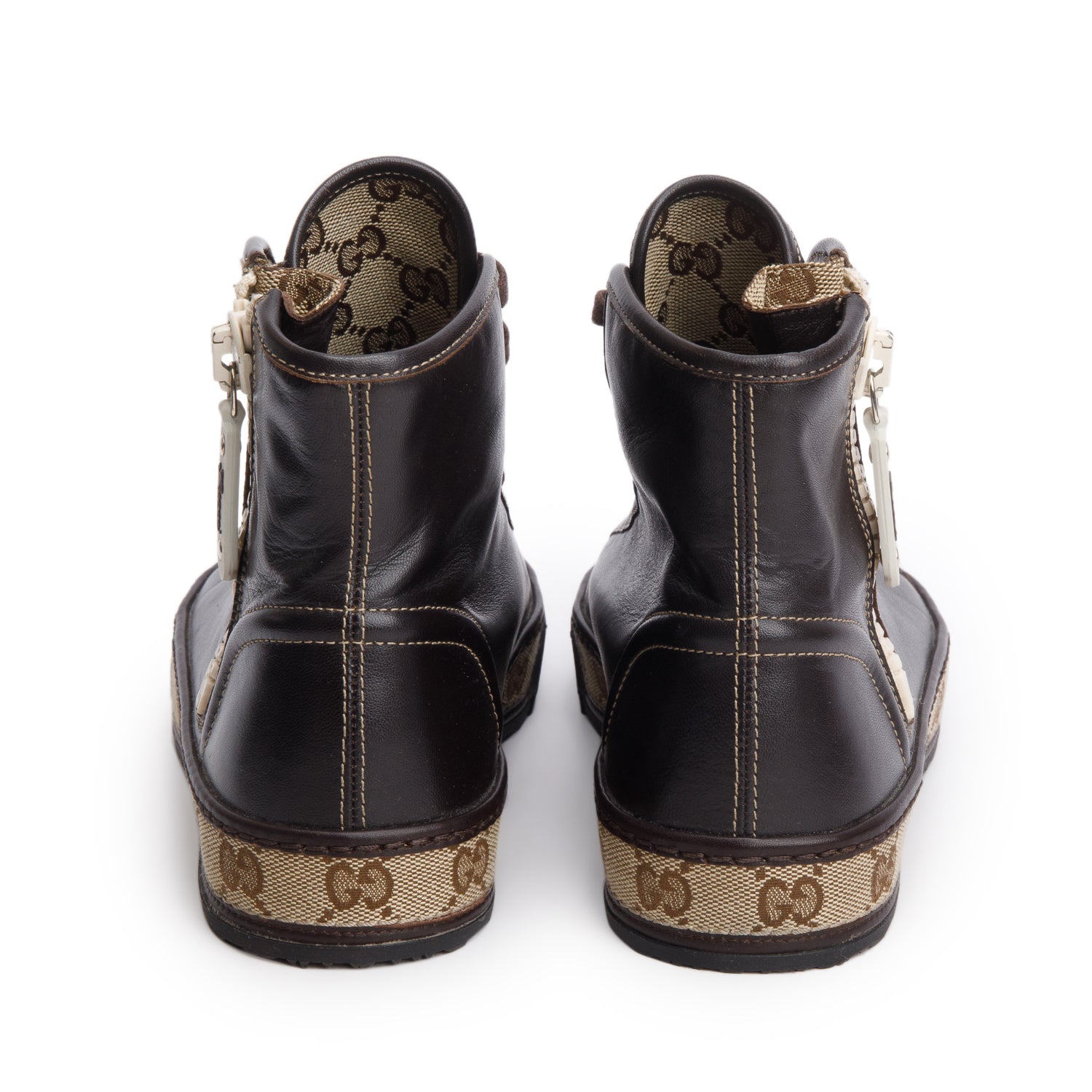 Gucci Brown Calfskin GG Monogram High Top Sneakers, Men's Size 5 w/ Box