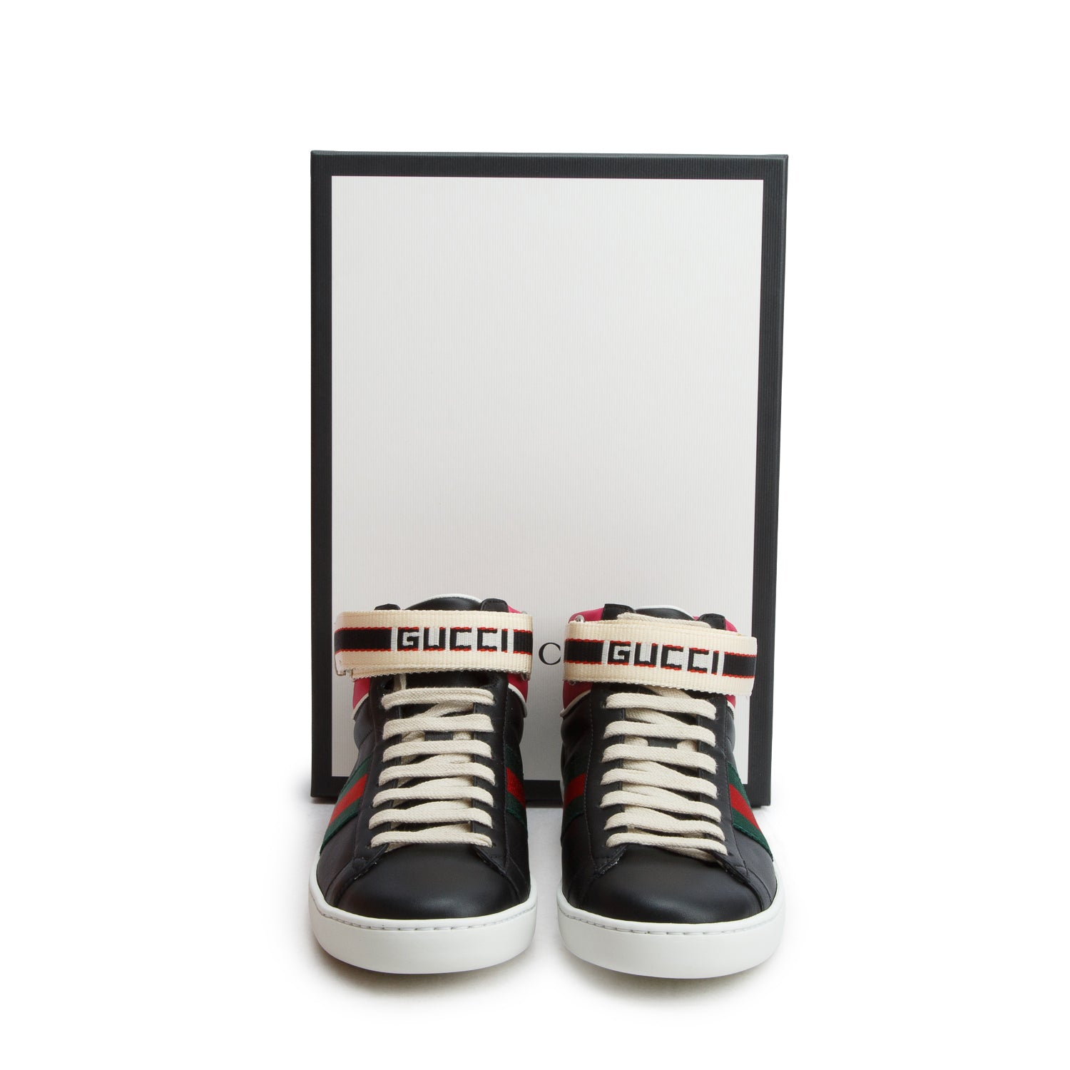 Gucci Black Miro Soft Calfskin Stripe Ace High Top Sneakers, Women's Size 36.5 w/ Box