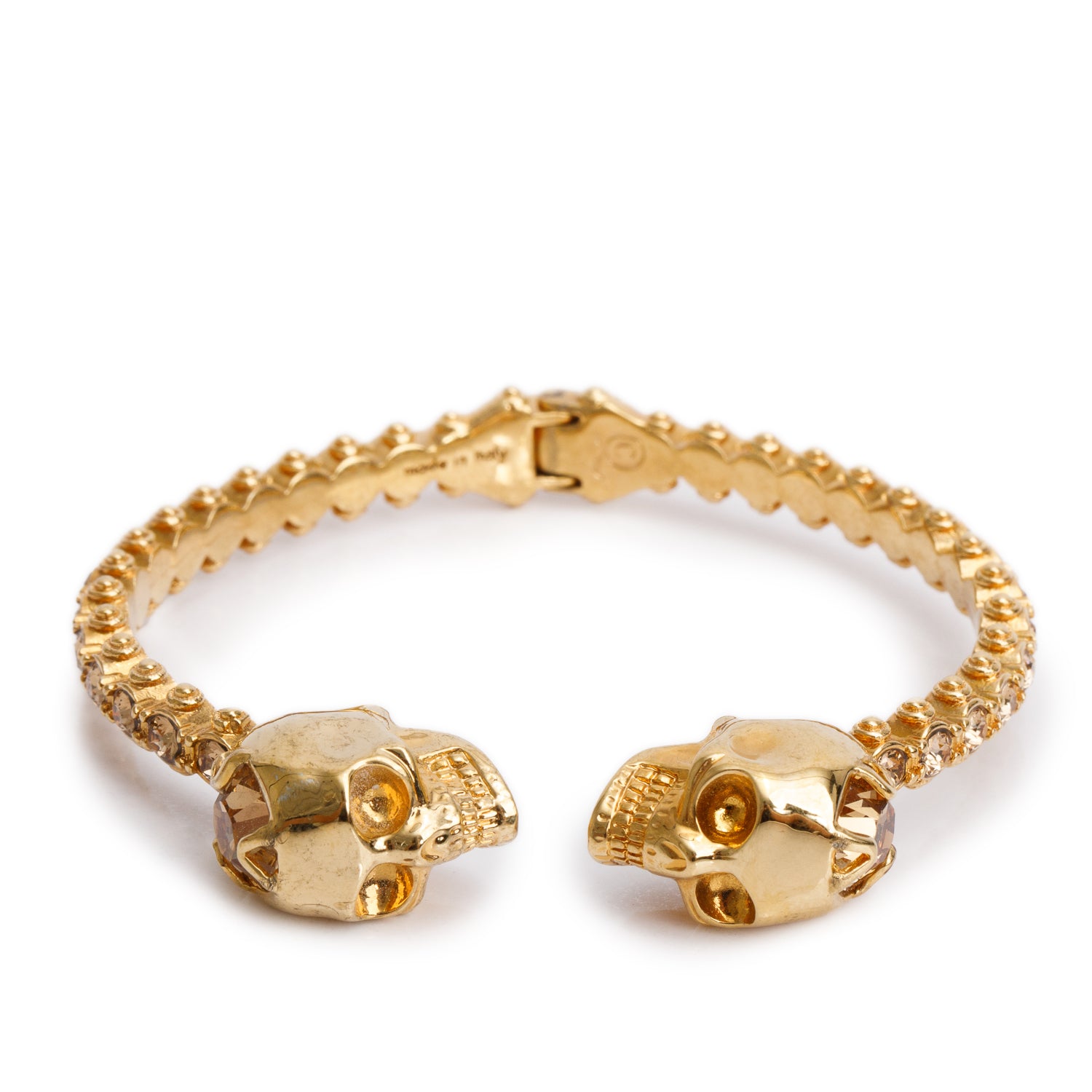 Alexander Mcqueen Gold-Plated Crystal Twin Skull Hinged Cuff Bangle