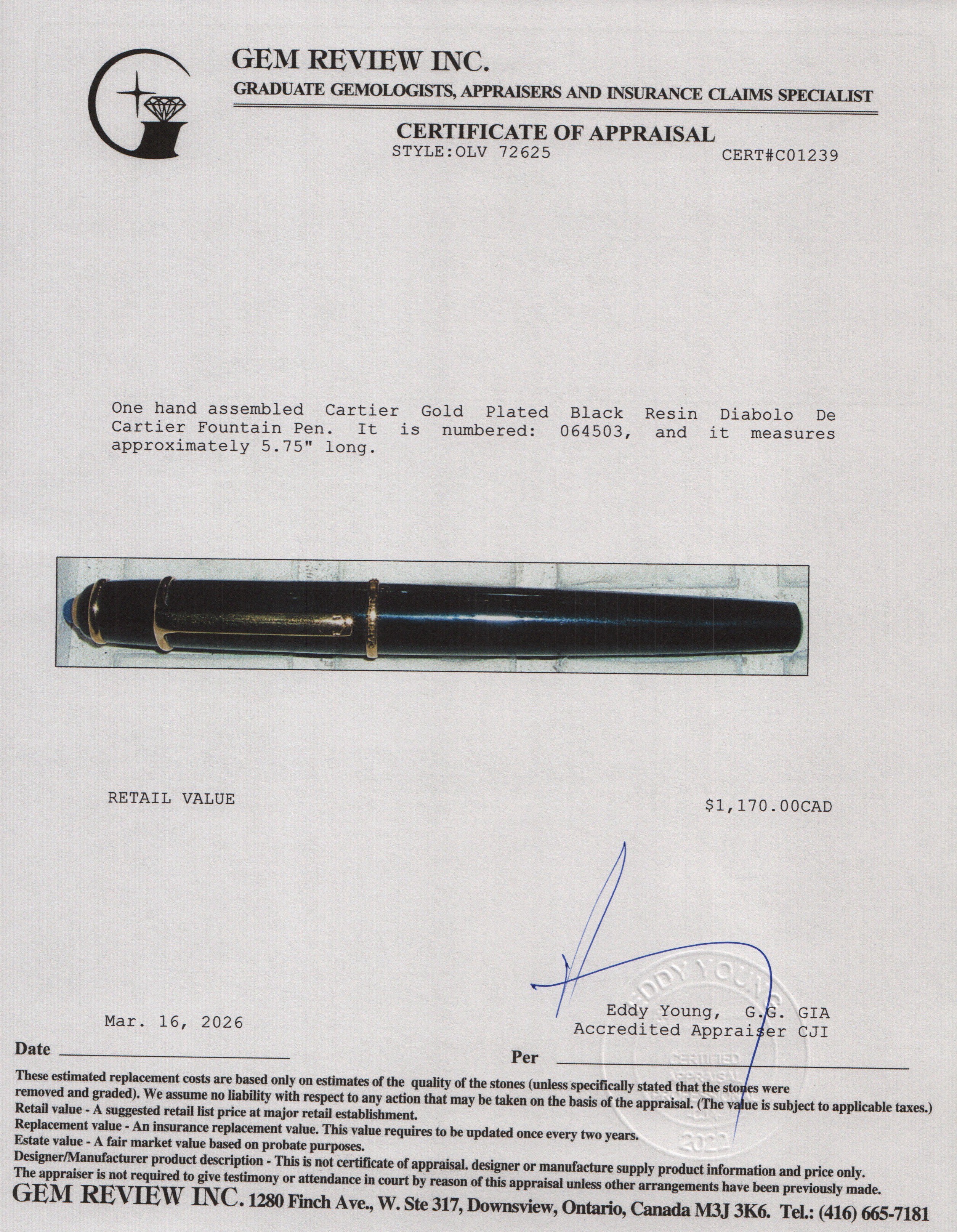 Cartier Gold Plated Black Resin Diabolo De Cartier Fountain Pen