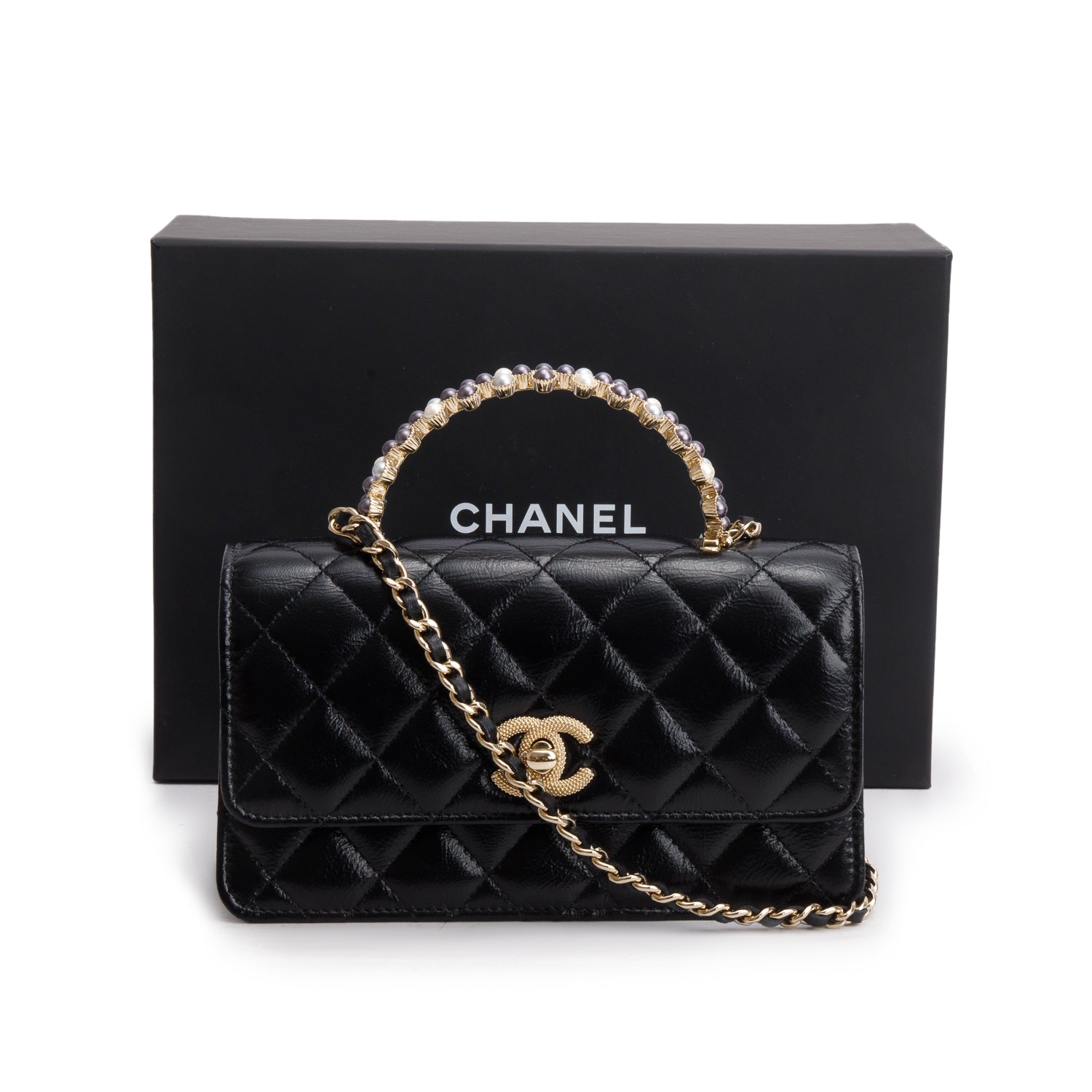 Chanel 2024 Black Quilted Crumpled Lambskin Pearl Top Handle Wallet on Chain w/ Box & Receipt
