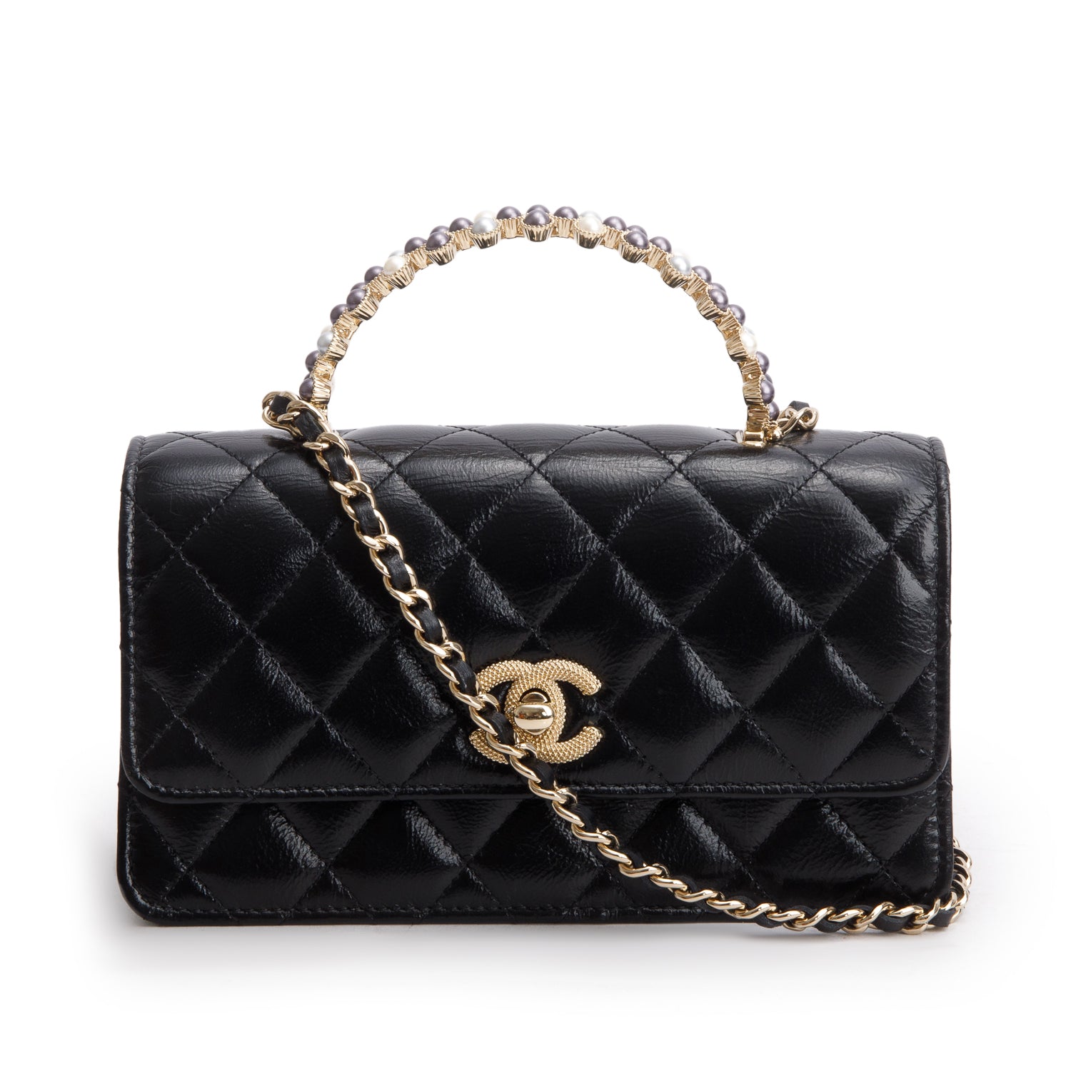 Chanel 2024 Black Quilted Crumpled Lambskin Pearl Top Handle Wallet on Chain w/ Box & Receipt