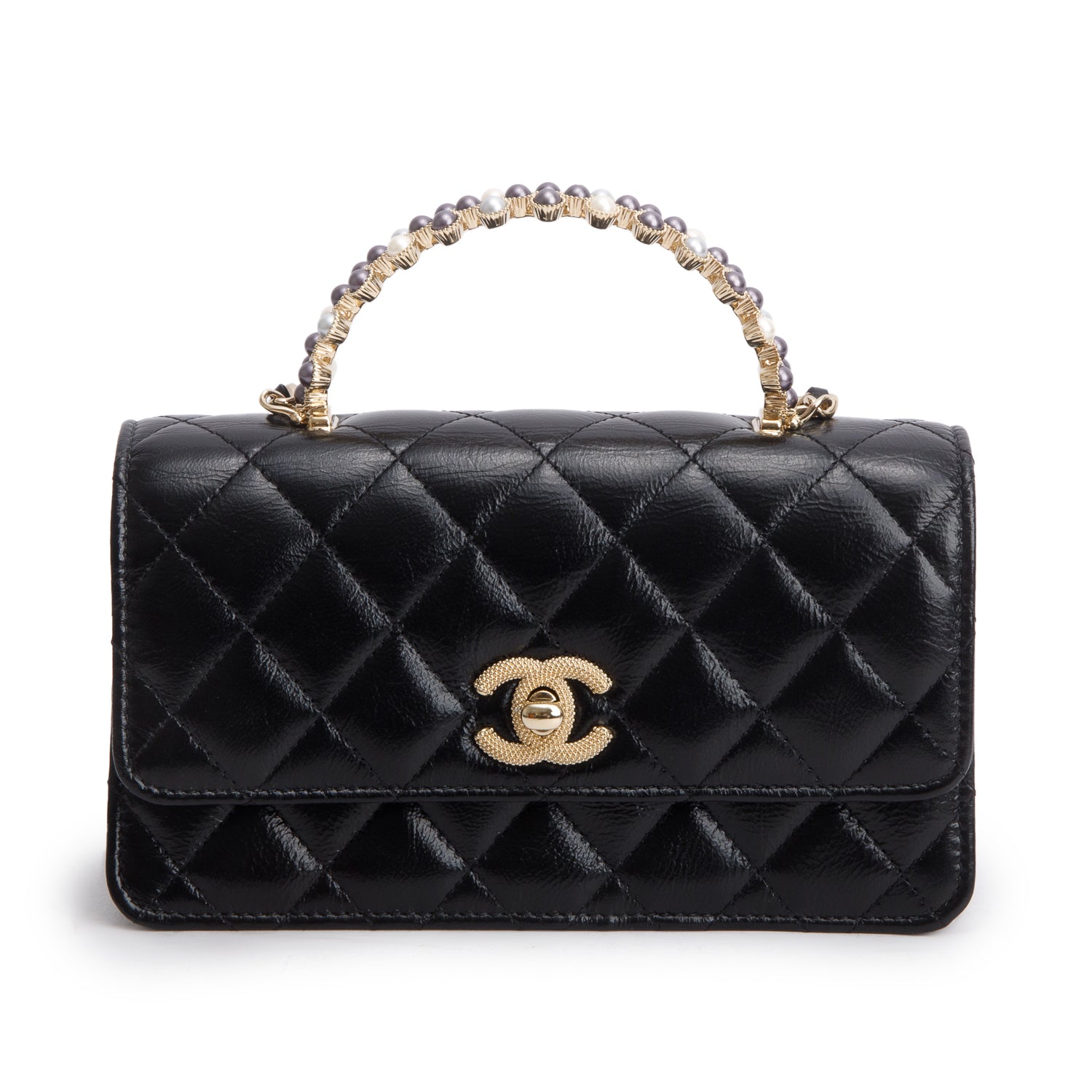 Chanel 2024 Black Quilted Crumpled Lambskin Pearl Top Handle Wallet on Chain w/ Box & Receipt