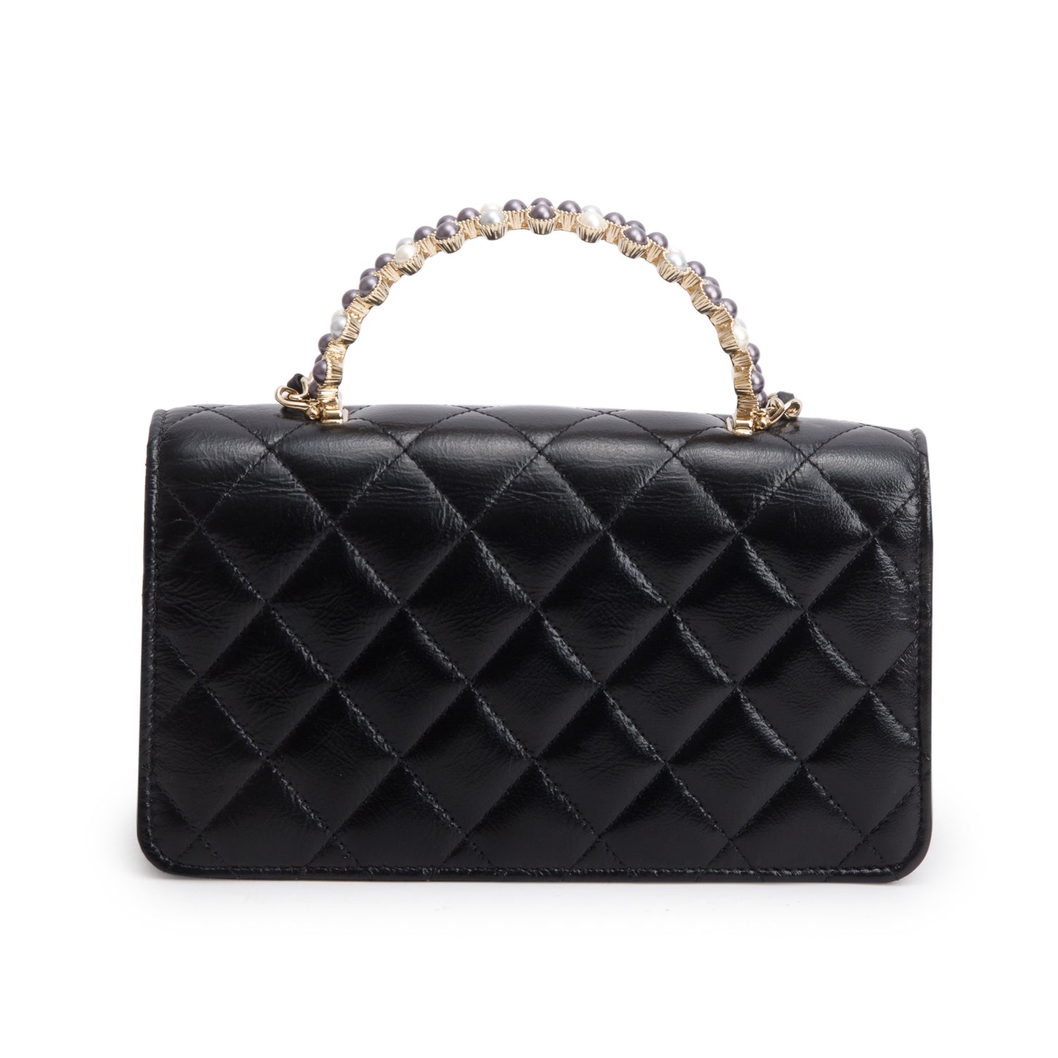 Chanel 2024 Black Quilted Crumpled Lambskin Pearl Top Handle Wallet on Chain w/ Box & Receipt