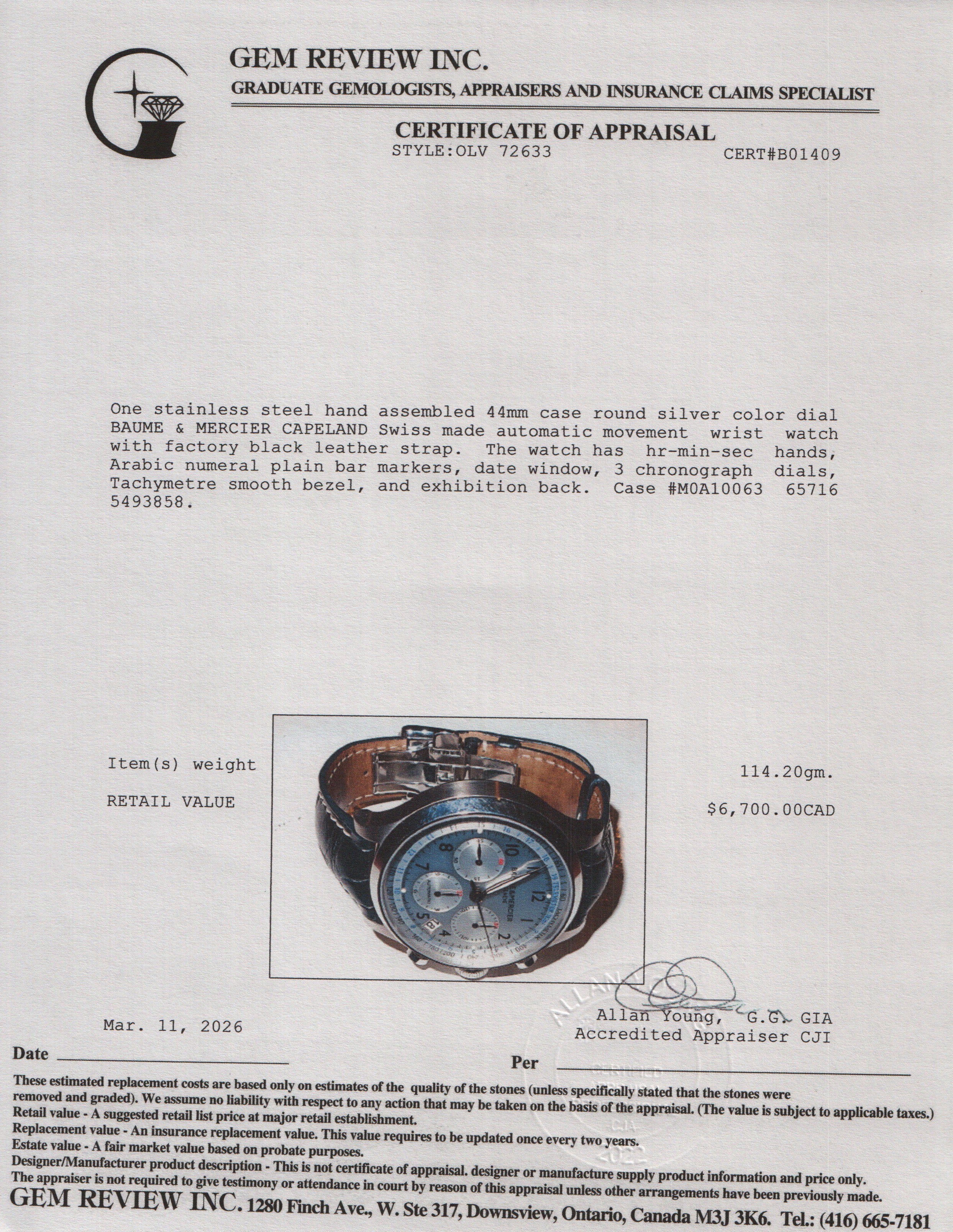 Baume & Mercier Stainless Steel Capeland 44 MM Automatic Chronograph Watch Silver Dial M0A10063 w/ Box & Papers
