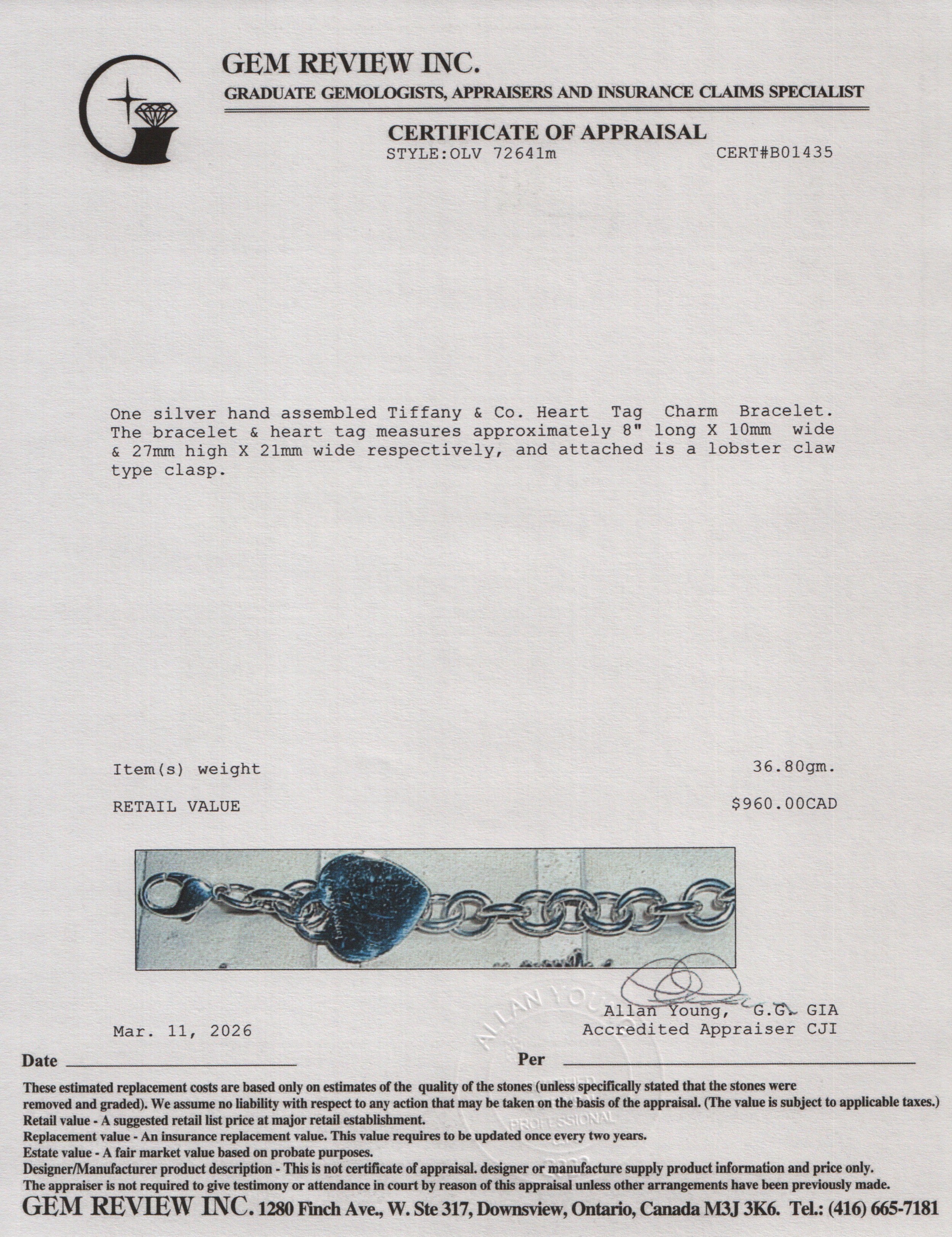 Tiffany & Co. Sterling Silver Heart Tag Charm Bracelet