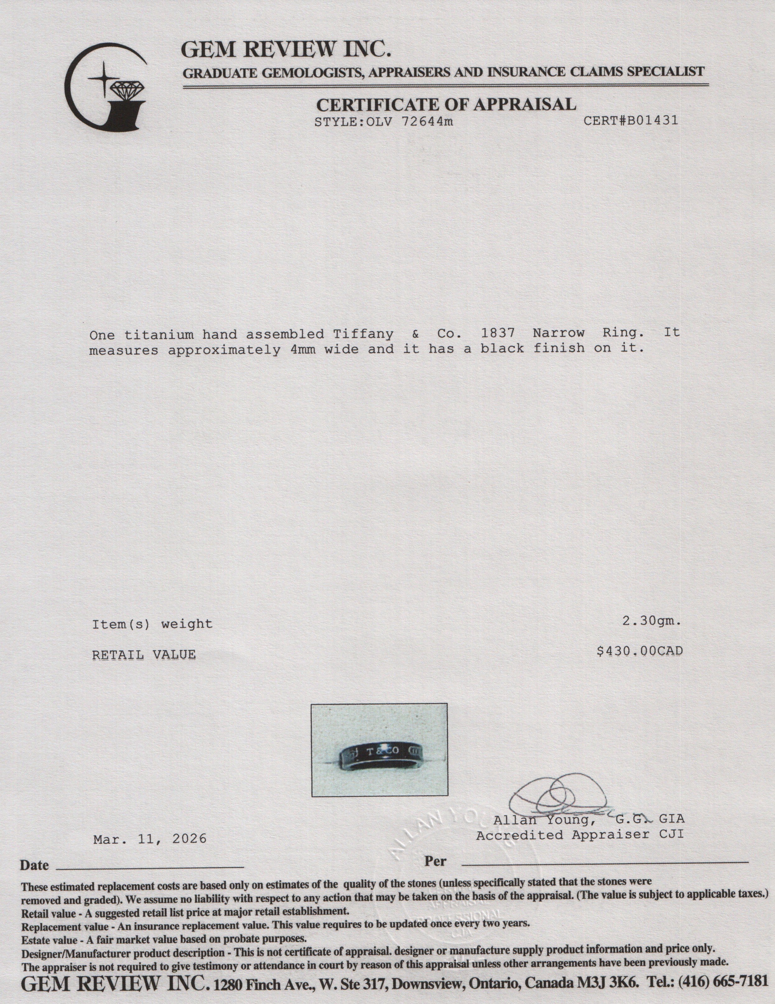 Tiffany & Co. Titanium 1837 Narrow Ring, Size 6